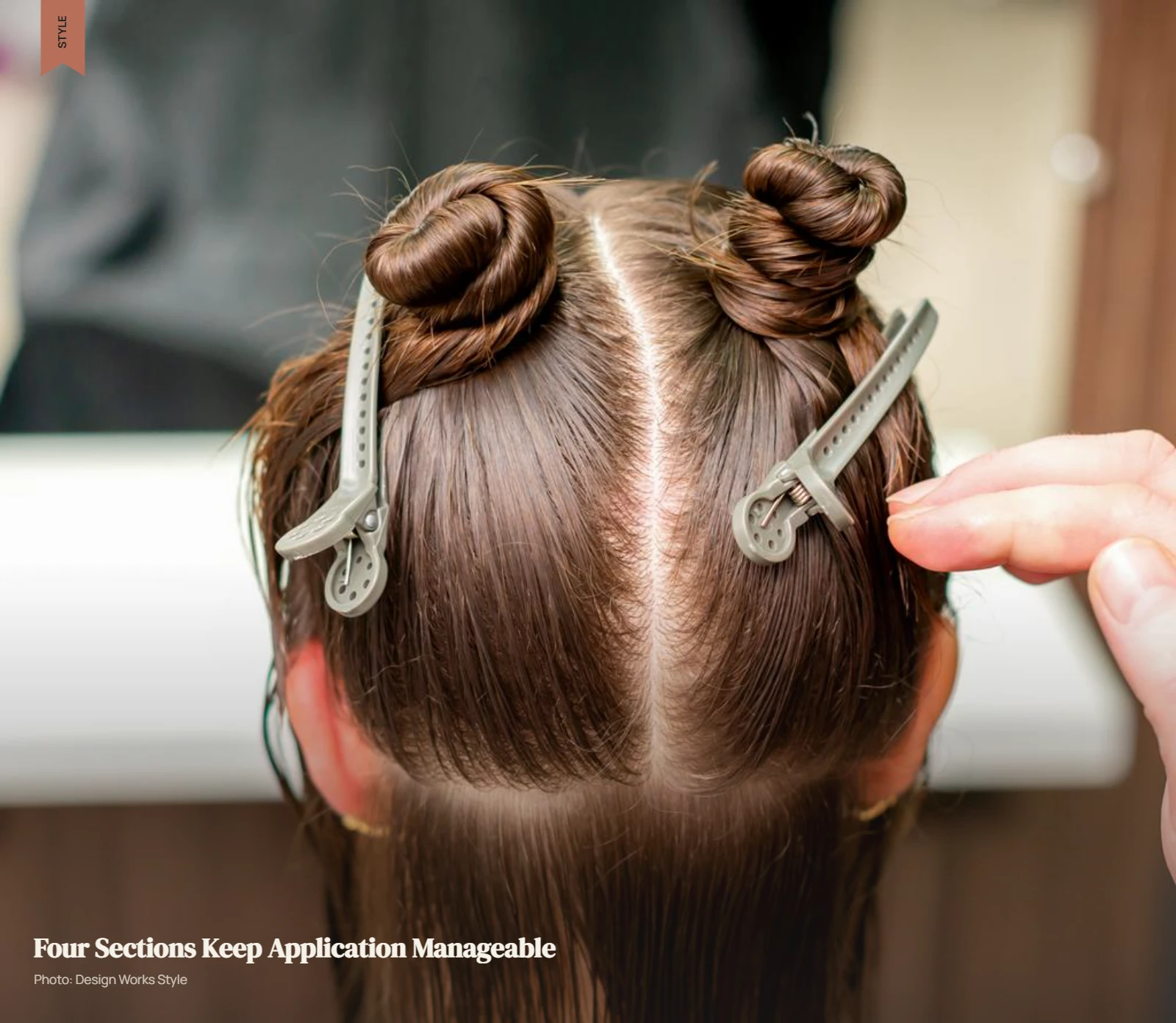 Hair divided into four clipped sections with a center part and ear-to-ear division