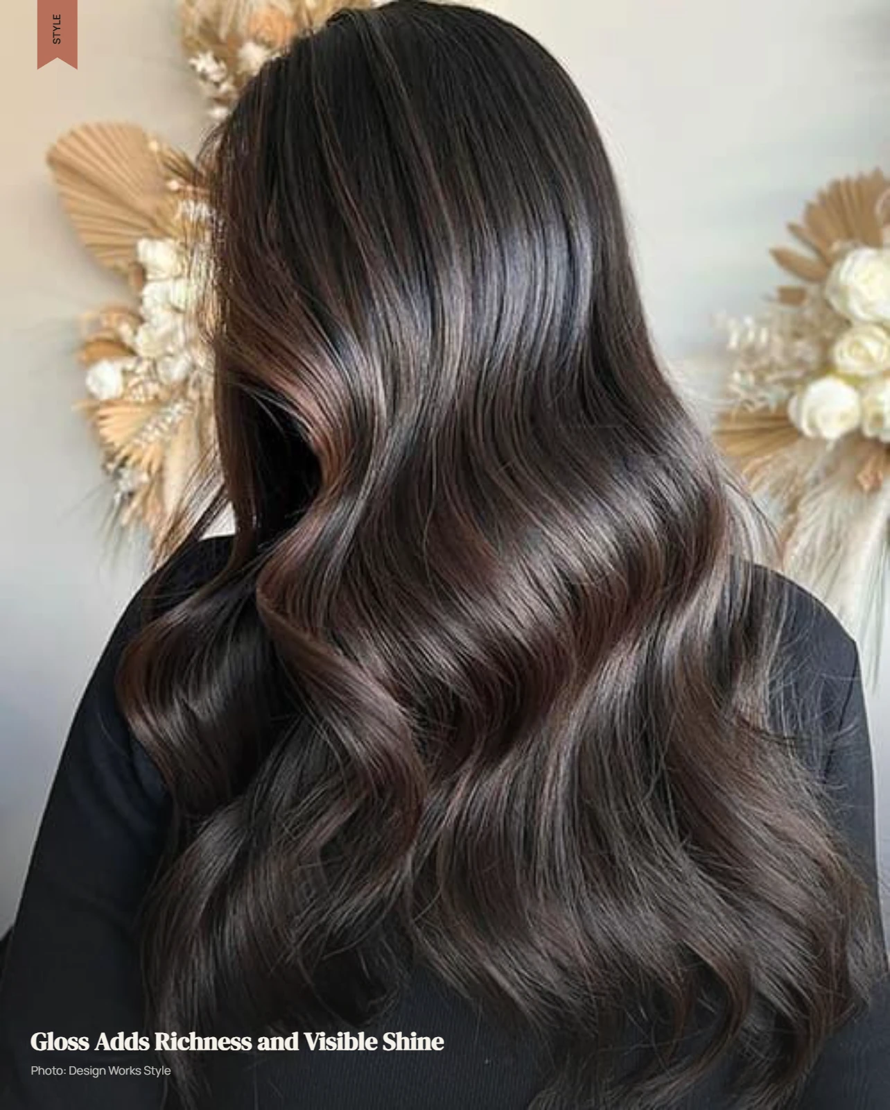 Glossy brunette hair with subtle tonal richness and visible light reflection through the lengths