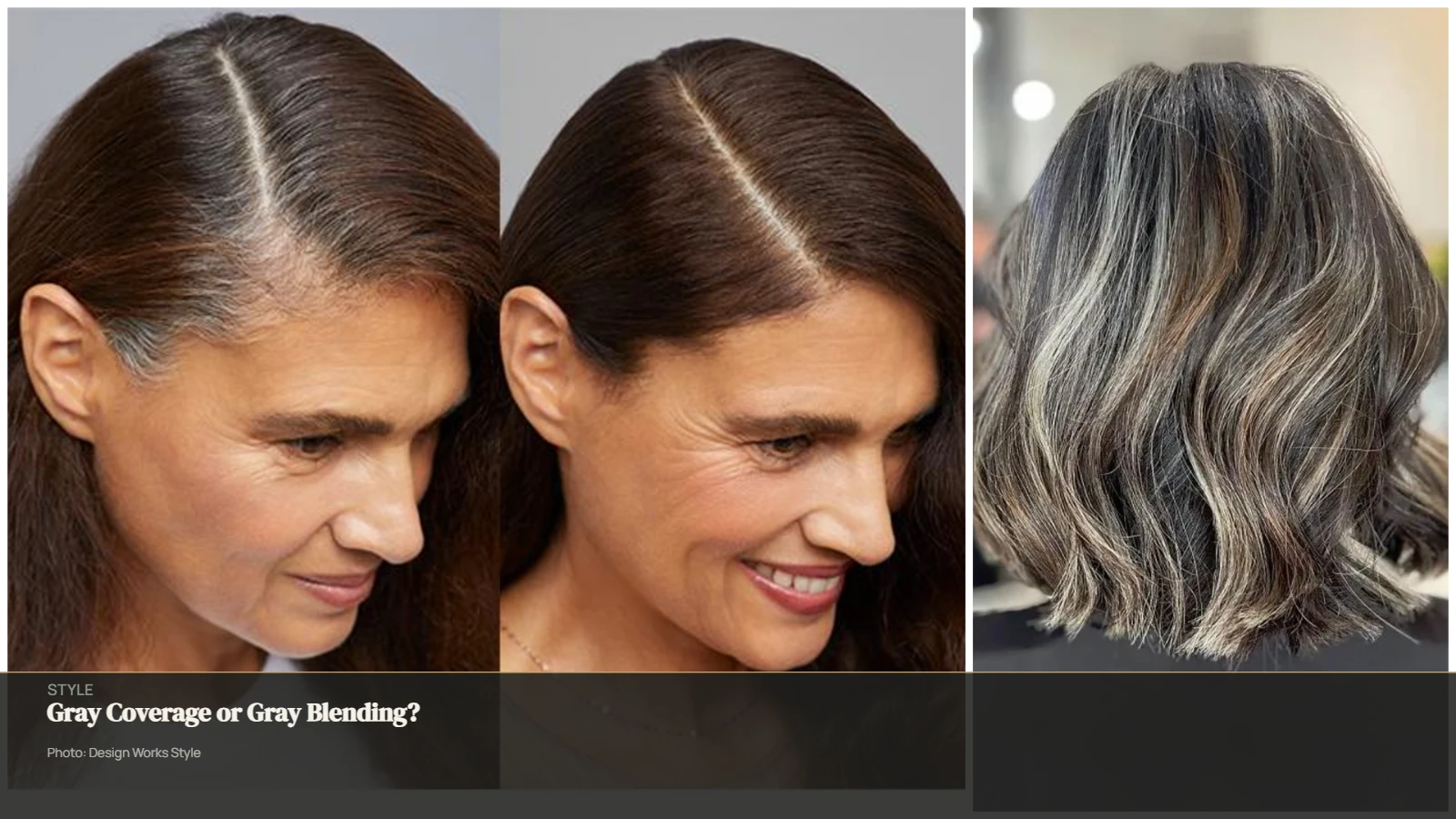 Gray coverage compared with gray blending using solid brunette color and dimensional gray tones
