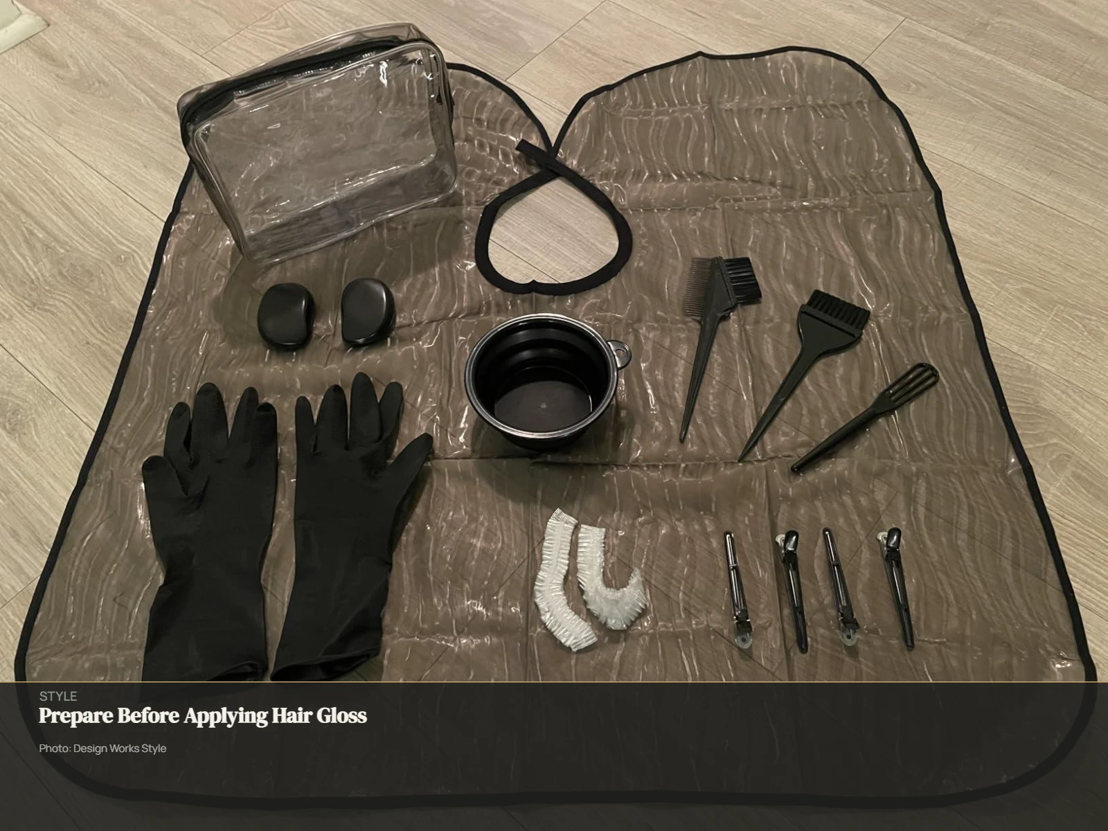 Hair gloss, gloves, clips, towel and timer prepared for an at-home application