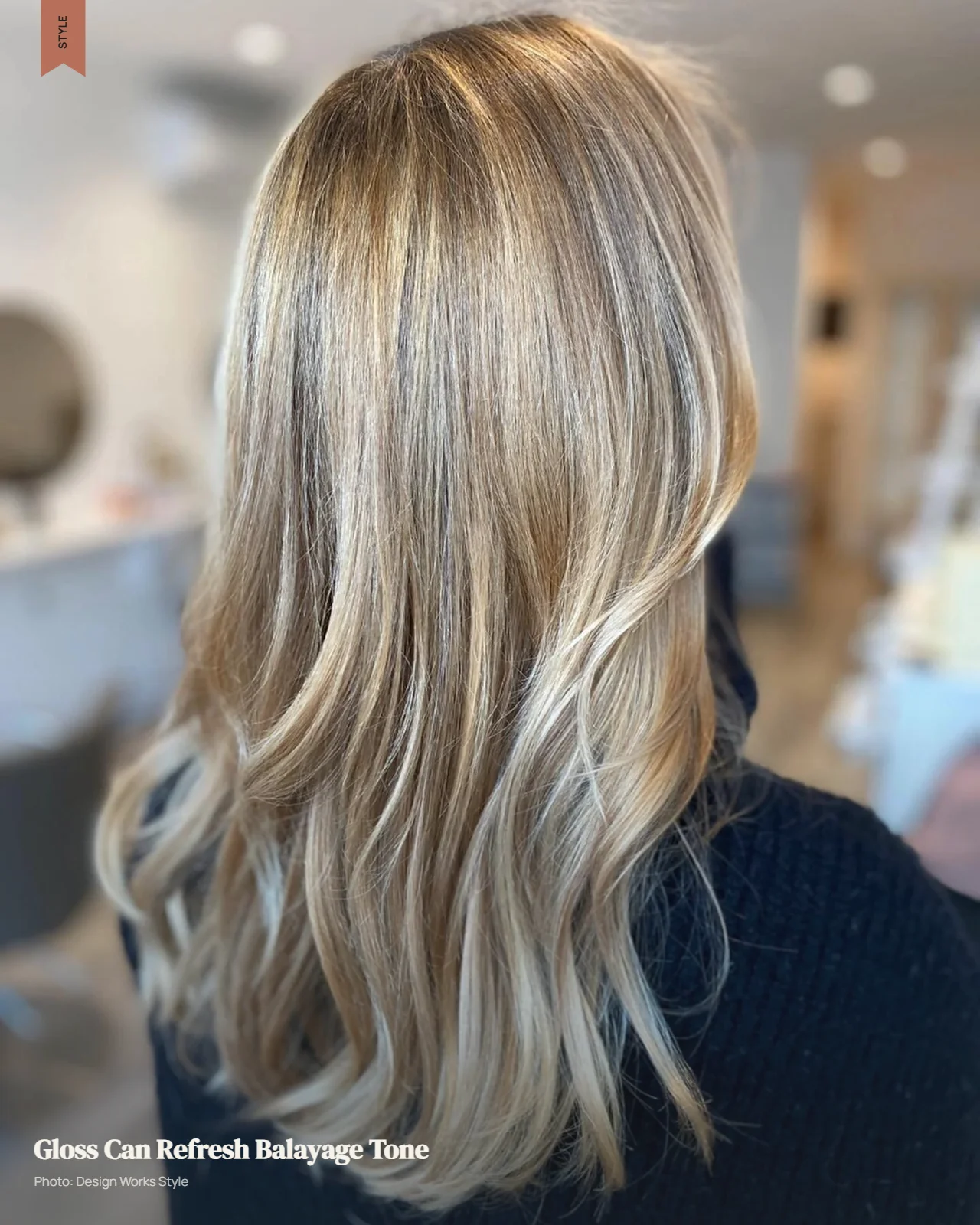 Dimensional blonde balayage with lighter highlighted pieces and a smooth, glossy finish