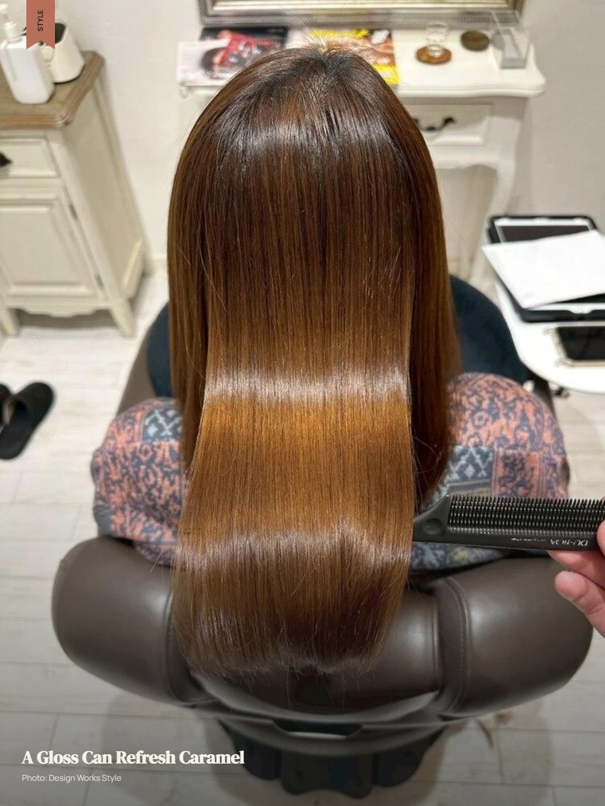 Glossed caramel brown hair showing refreshed warmth and shine