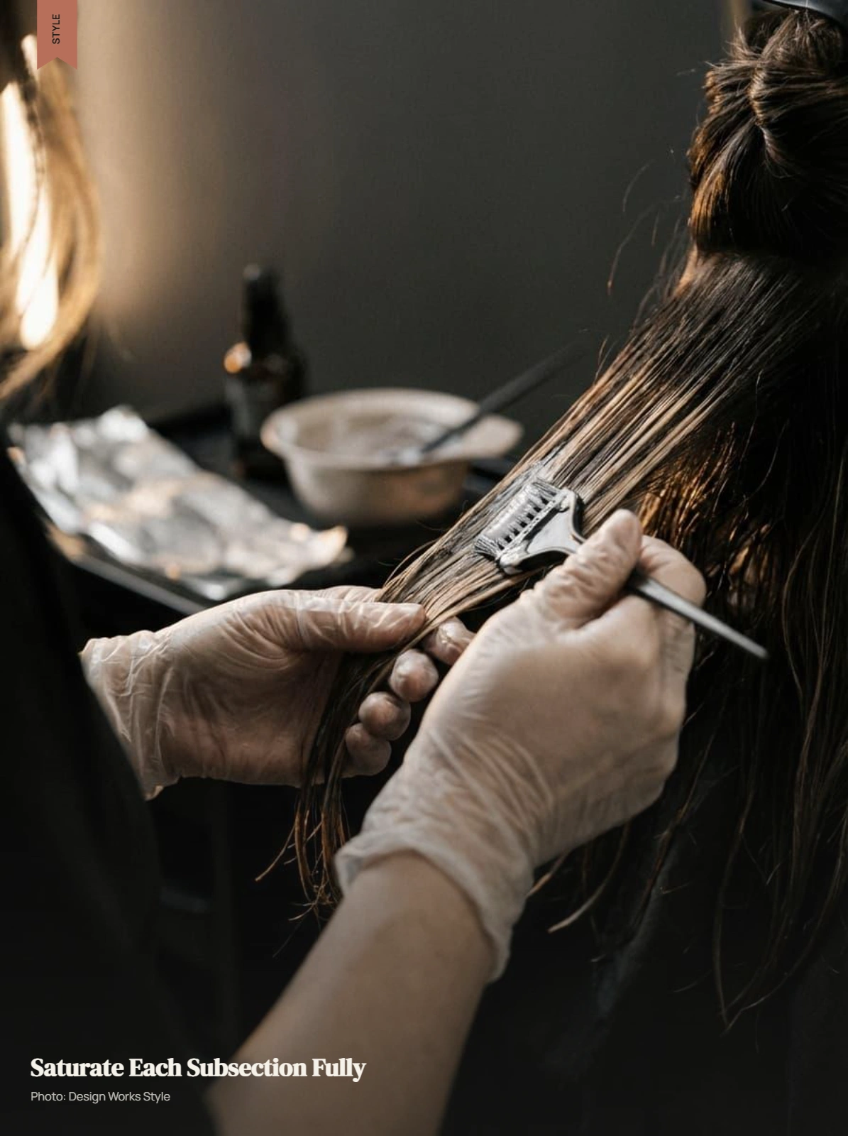 Hair gloss distributed through a thin balayage subsection with the strands fully saturated