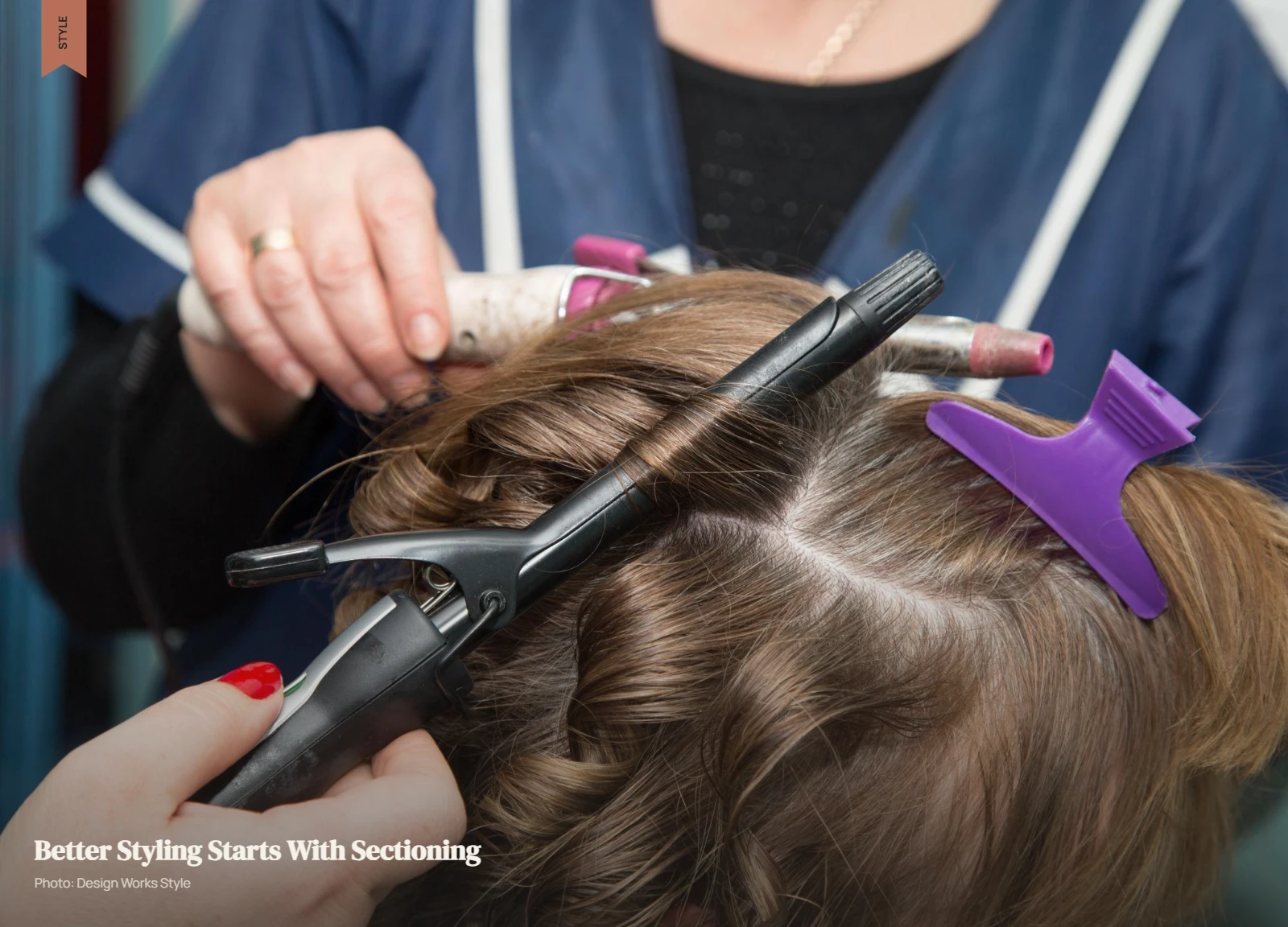 Hair divided into clean sections with clips for controlled styling