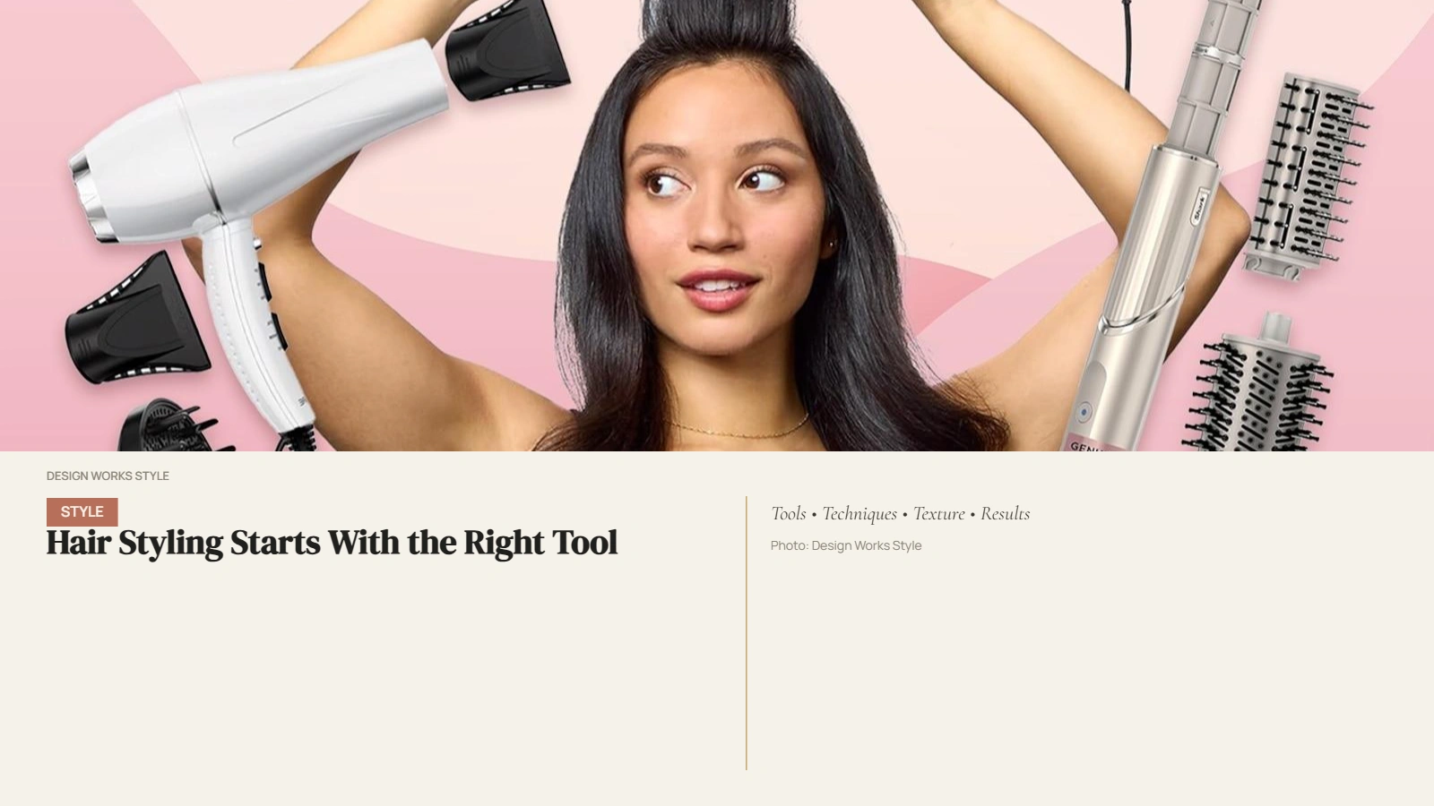 Hair styled with round brush, rollers, and heat styling tools