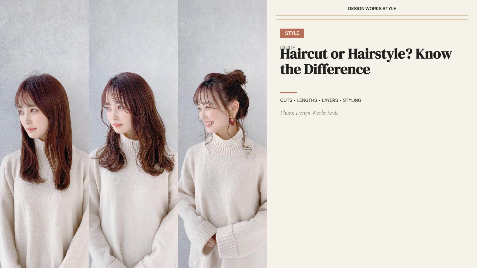 Same haircut shown in different styles, including straight, wavy, and pulled-back hair