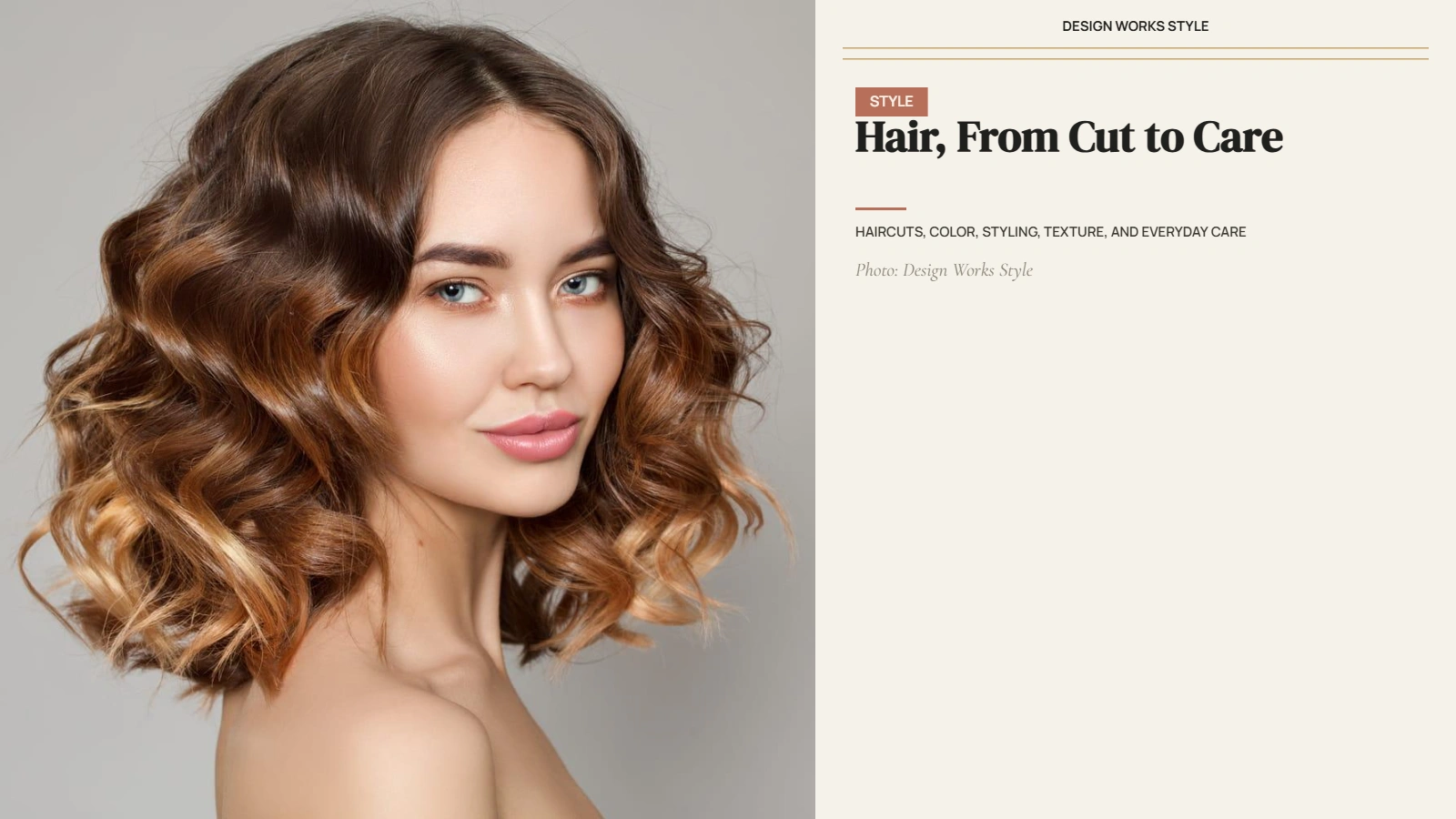 Editorial portrait showing styled hair with natural texture, shape, movement, and dimensional color