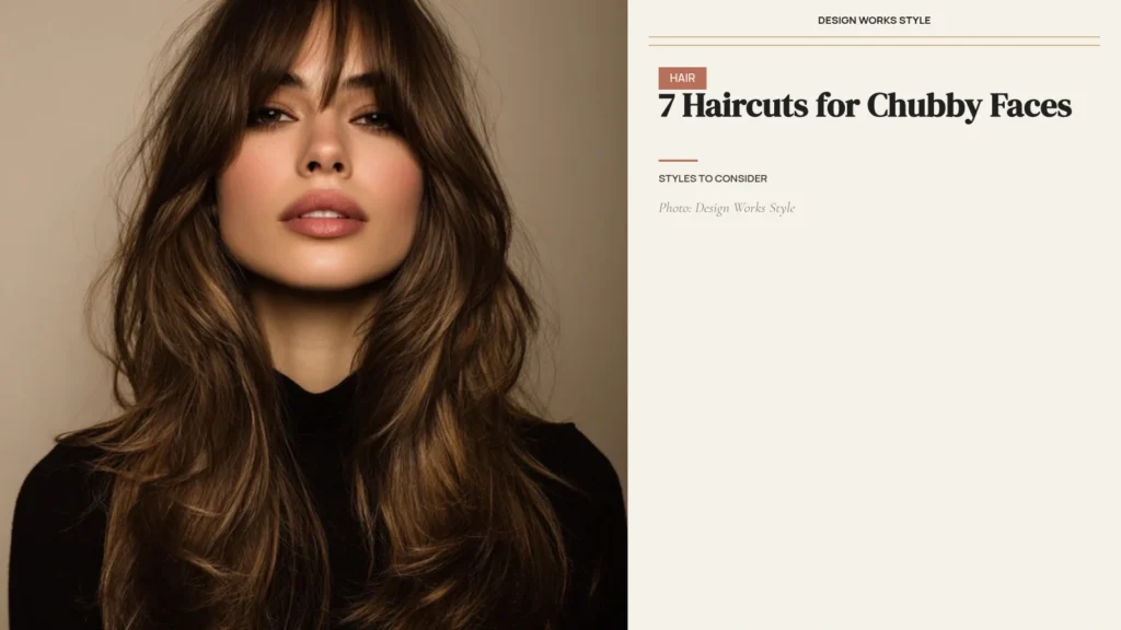 Woman with a round face wearing long layered hair with face-framing curtain bangs
