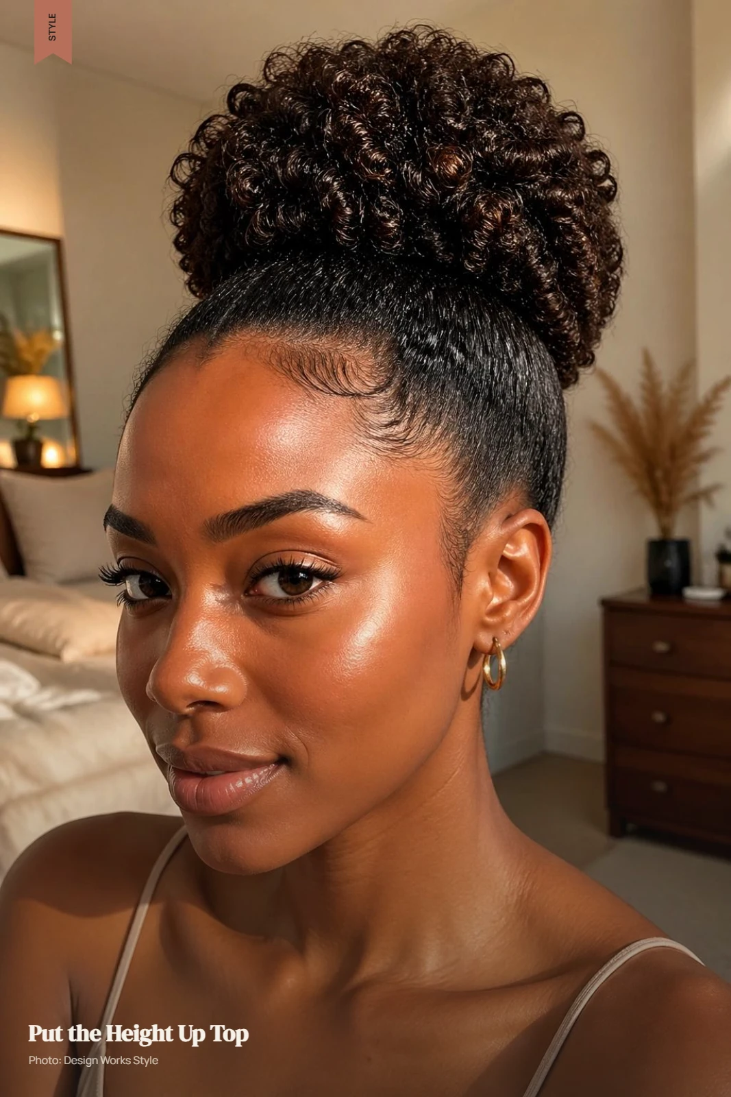 High textured bun with subtle crown volume and natural hair texture