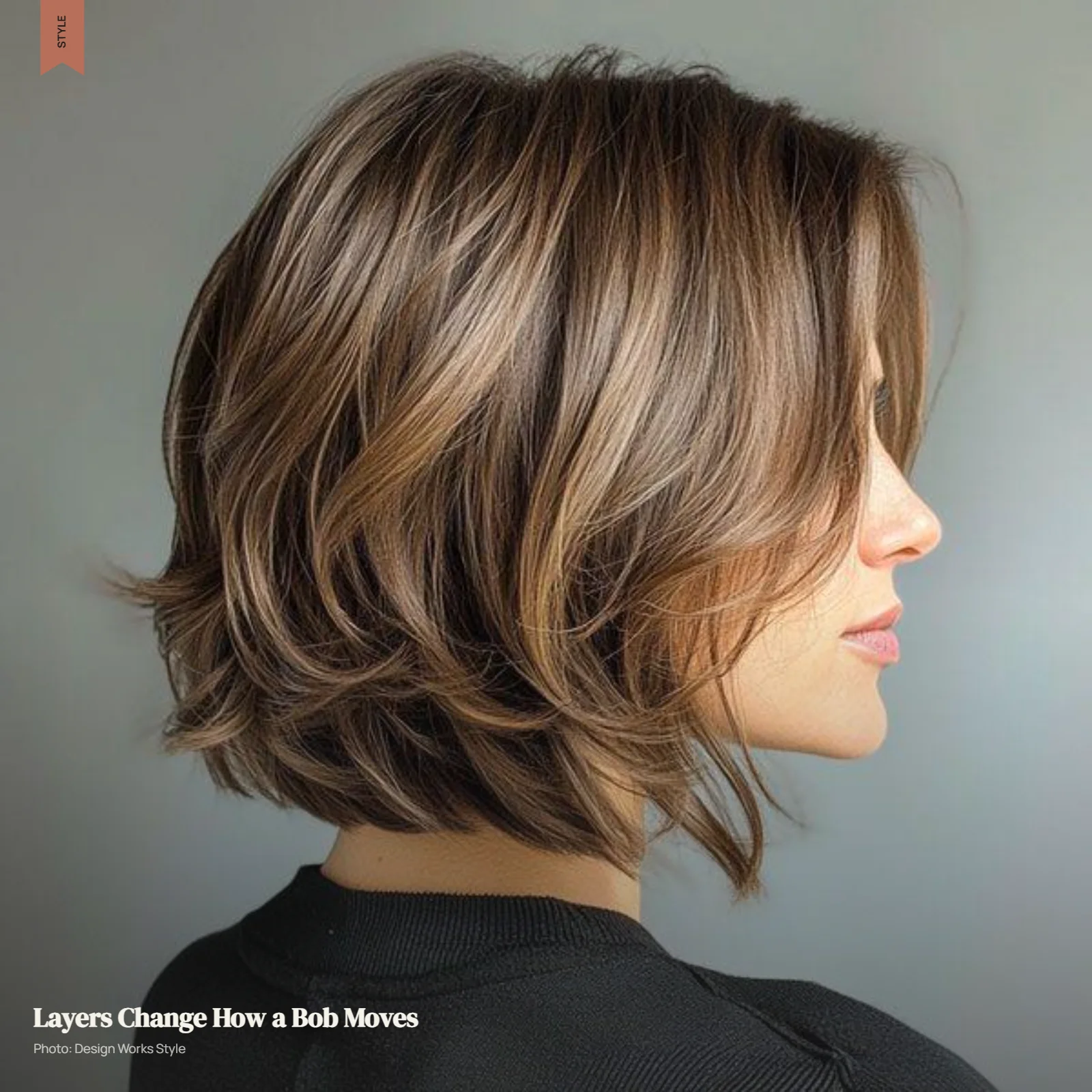 Layered bob with varied lengths, textured ends, and visible movement through the hair