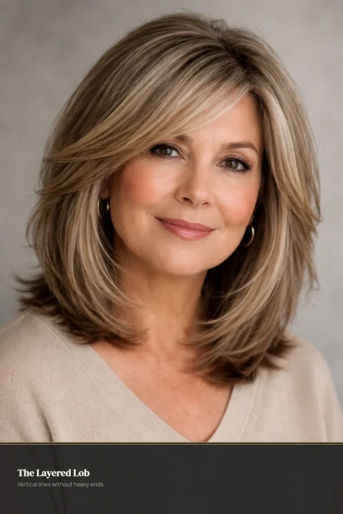 Shoulder-length layered lob haircut with side-swept layers on a round face