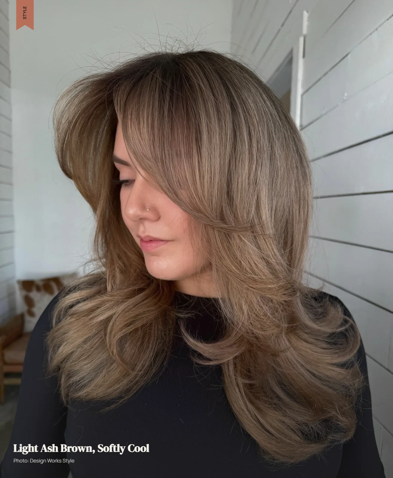 Light ash brown hair with a soft beige-taupe finish in natural daylight