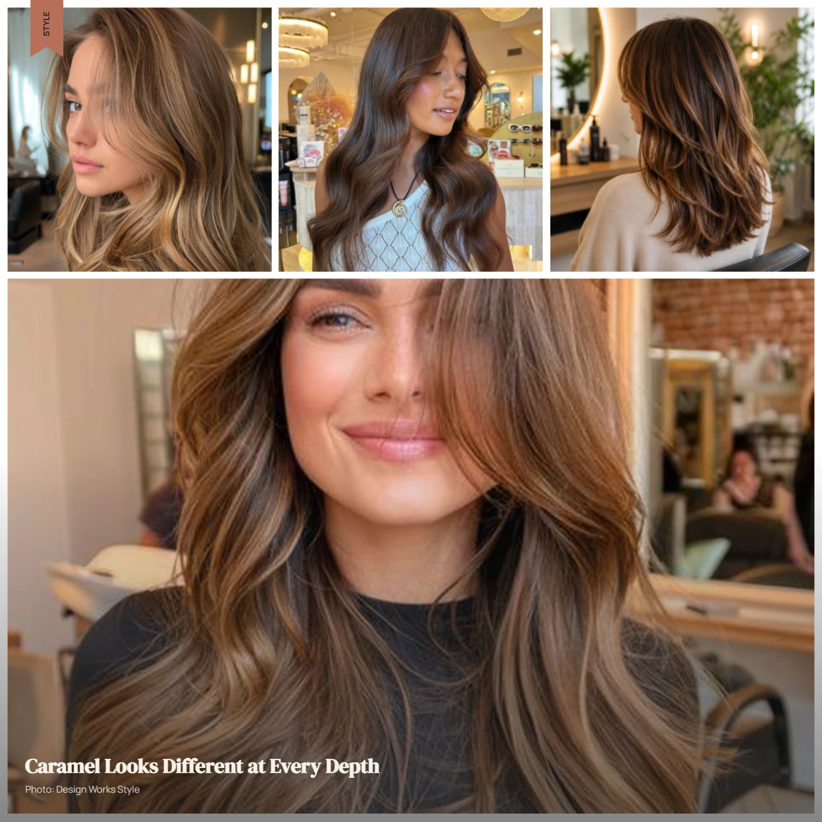 Light, medium, and dark caramel hair shades showing different levels of brown and golden warmth