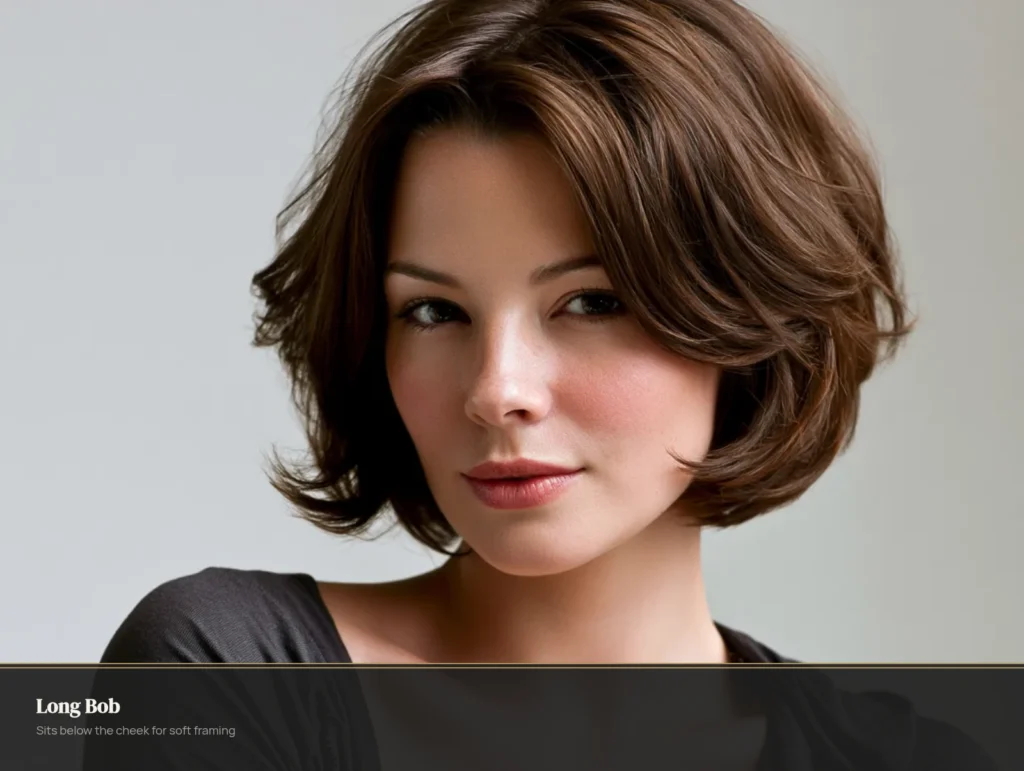 Layered bob with soft side-swept bangs framing a round face