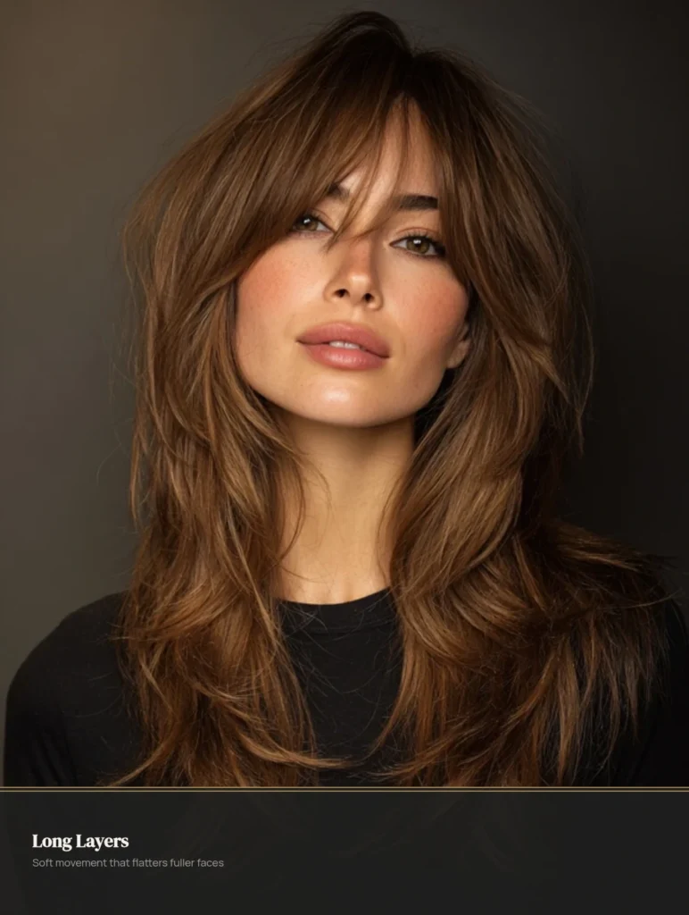 Long layered haircut with face-framing pieces on a woman with a fuller face