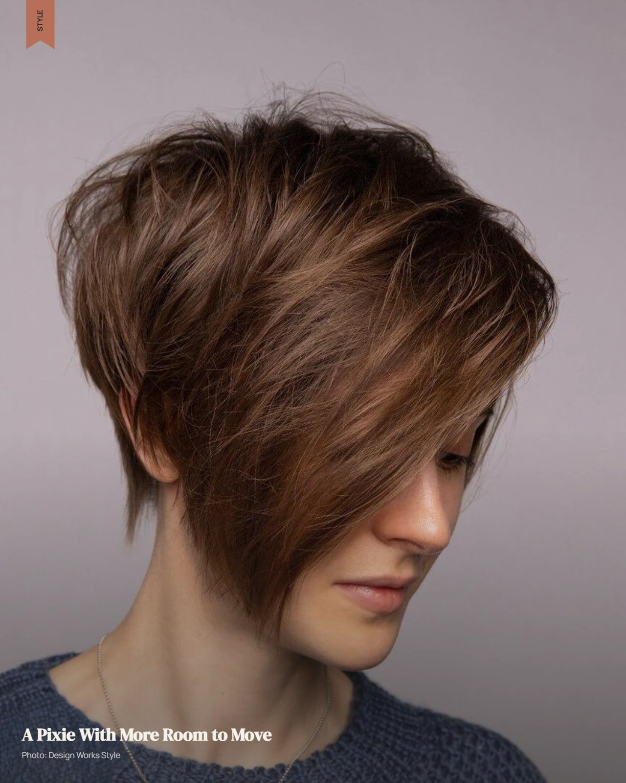 Long pixie with longer top and side-swept fringe showing directional movement
