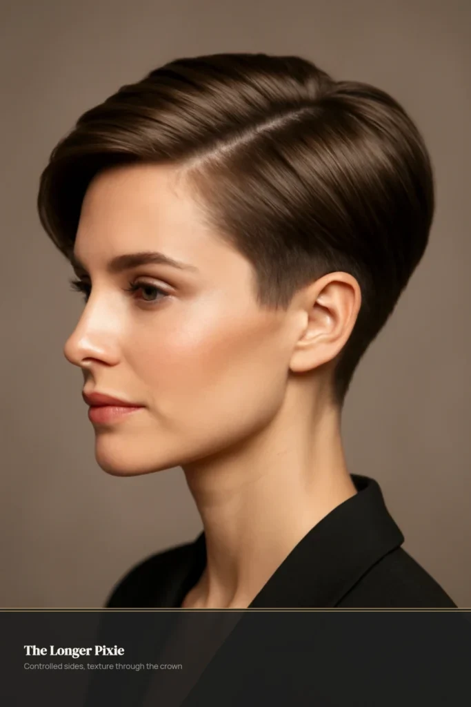 Polished longer pixie haircut with height on top and tapered sides