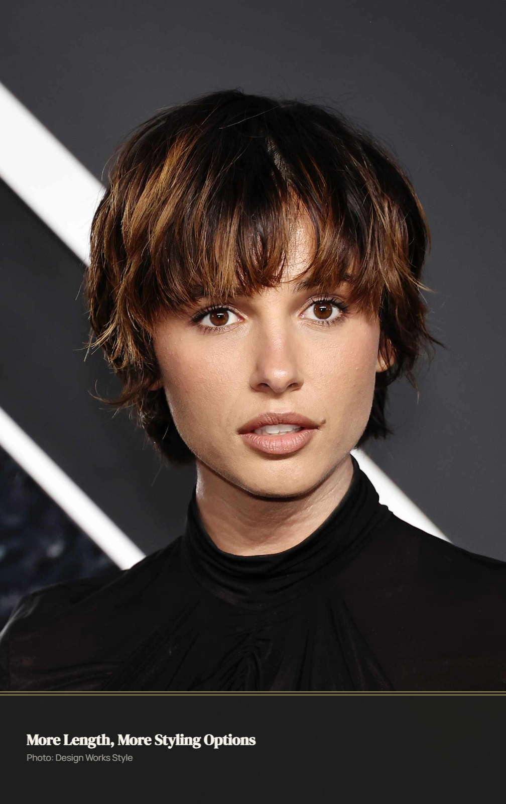 Longer pixie with visible texture through the crown and sides in a three-quarter view