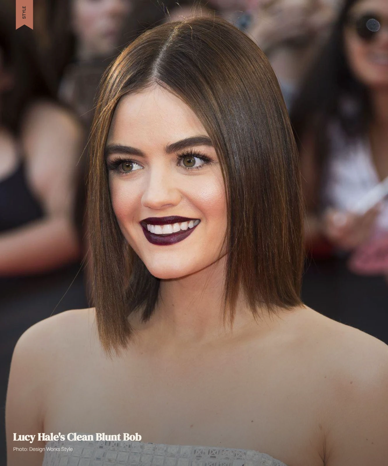 Lucy Hale-inspired chin-length blunt bob with a clean, straight perimeter