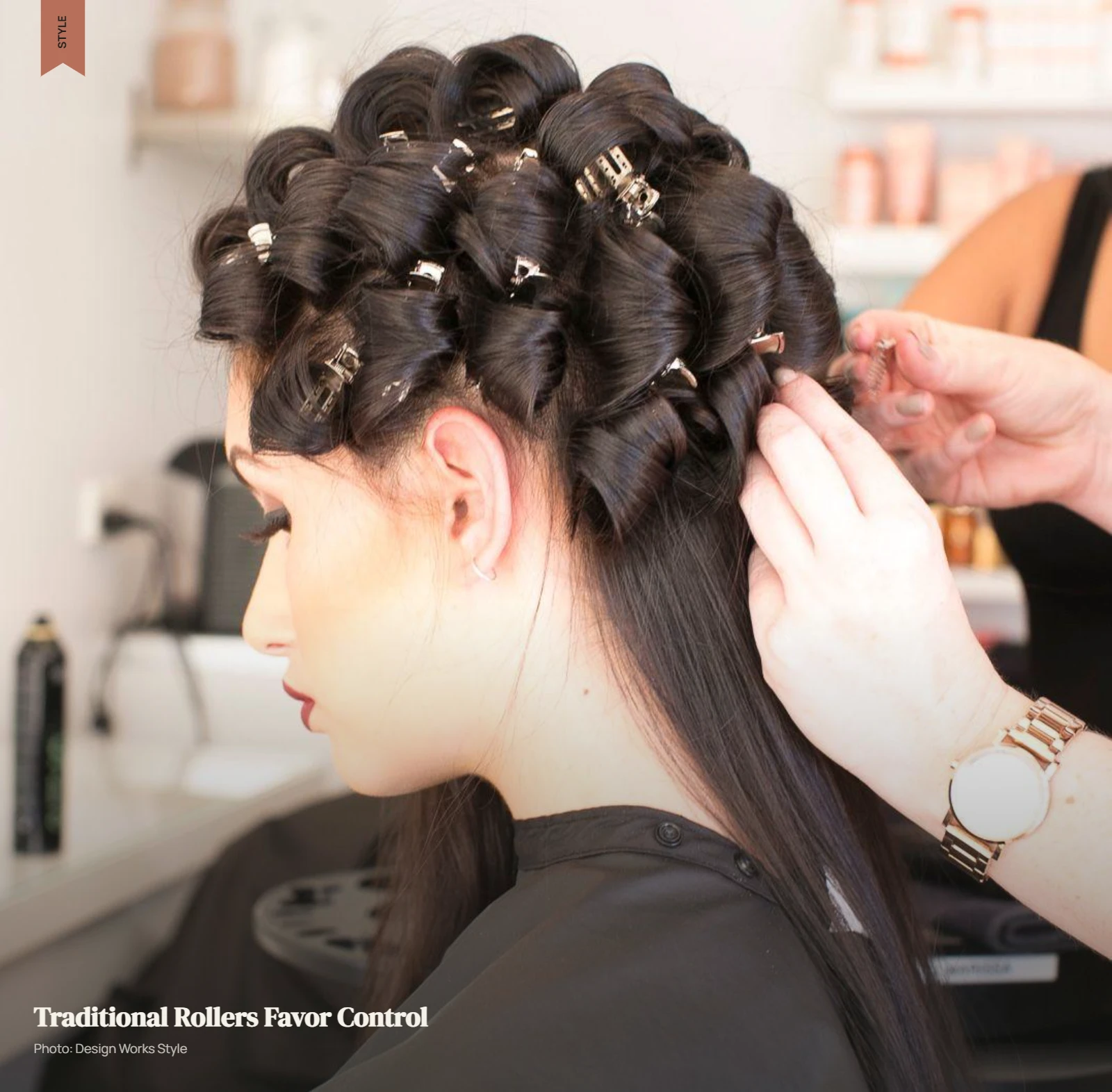 Magnetic rollers secured with clips in evenly sectioned hair for a structured set