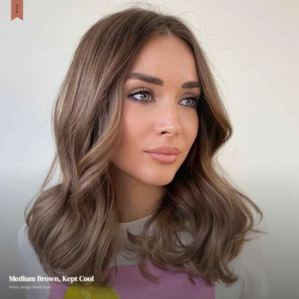 Medium ash brown hair with cool-neutral brunette tones and reduced orange warmth