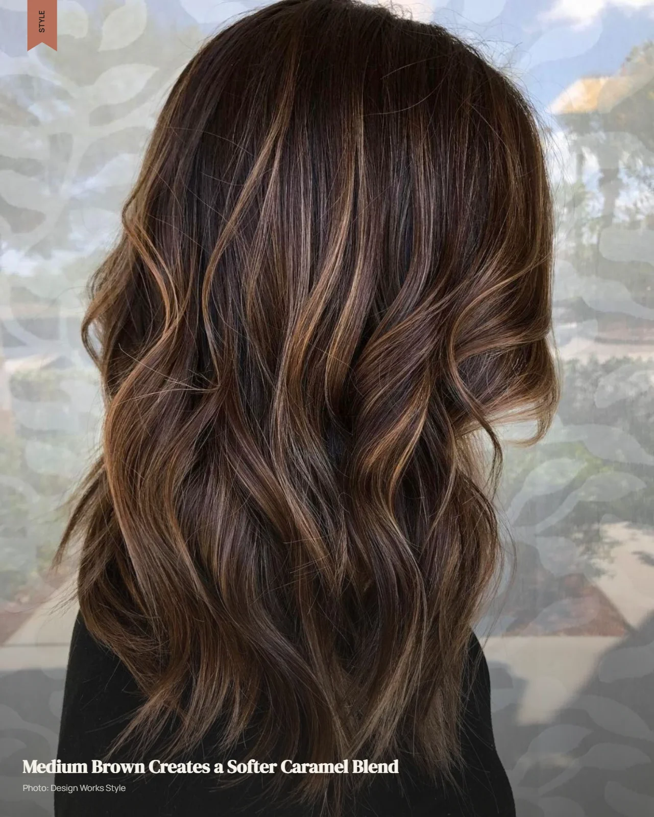 Medium brown hair with softly blended caramel ribbons creating subtle tonal dimension