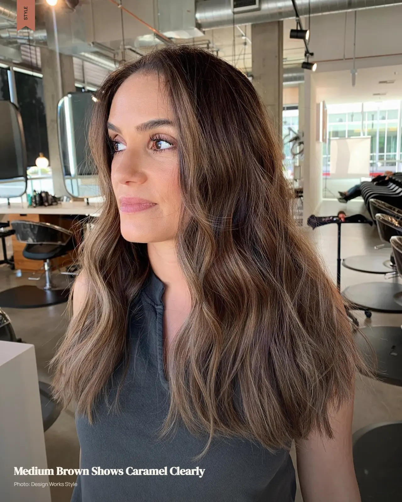 Medium brown hair with noticeable caramel-golden warmth while retaining a brunette base