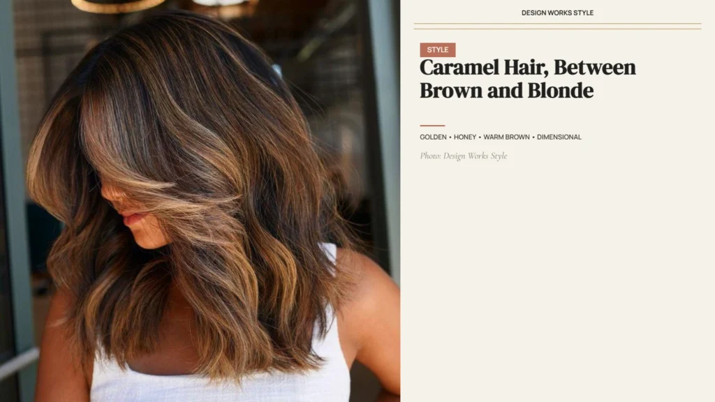 Medium caramel brown hair with warm golden and honey tones over a brunette base