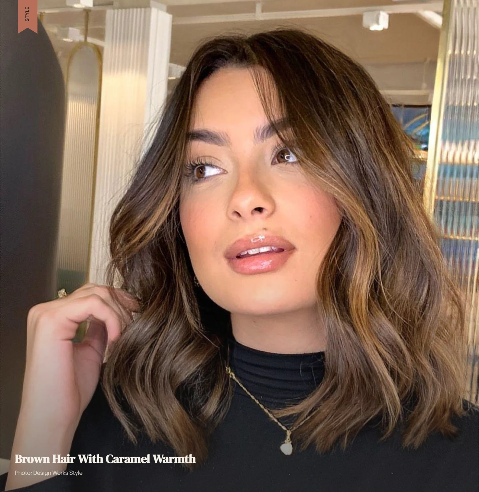 Medium caramel brown hair with visible golden warmth over a brunette base
