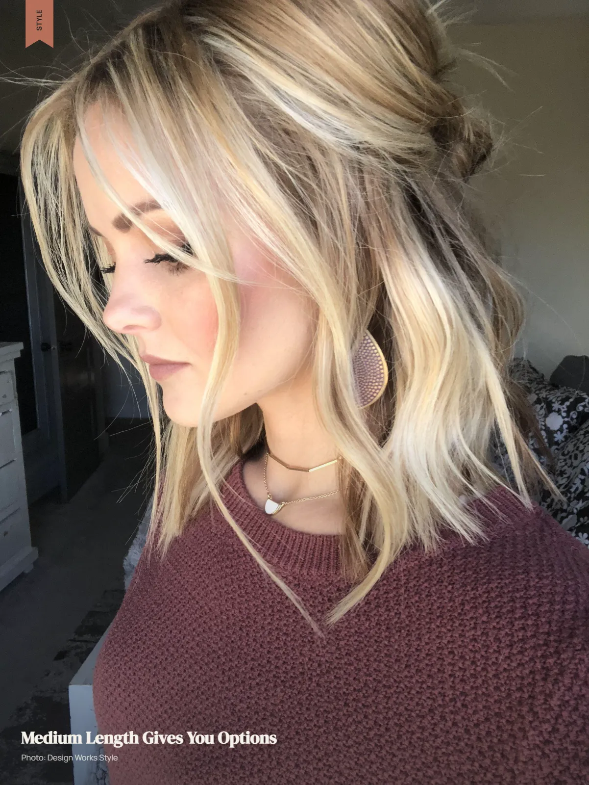 Medium-length hair with loose waves, textured ends, and face-framing pieces