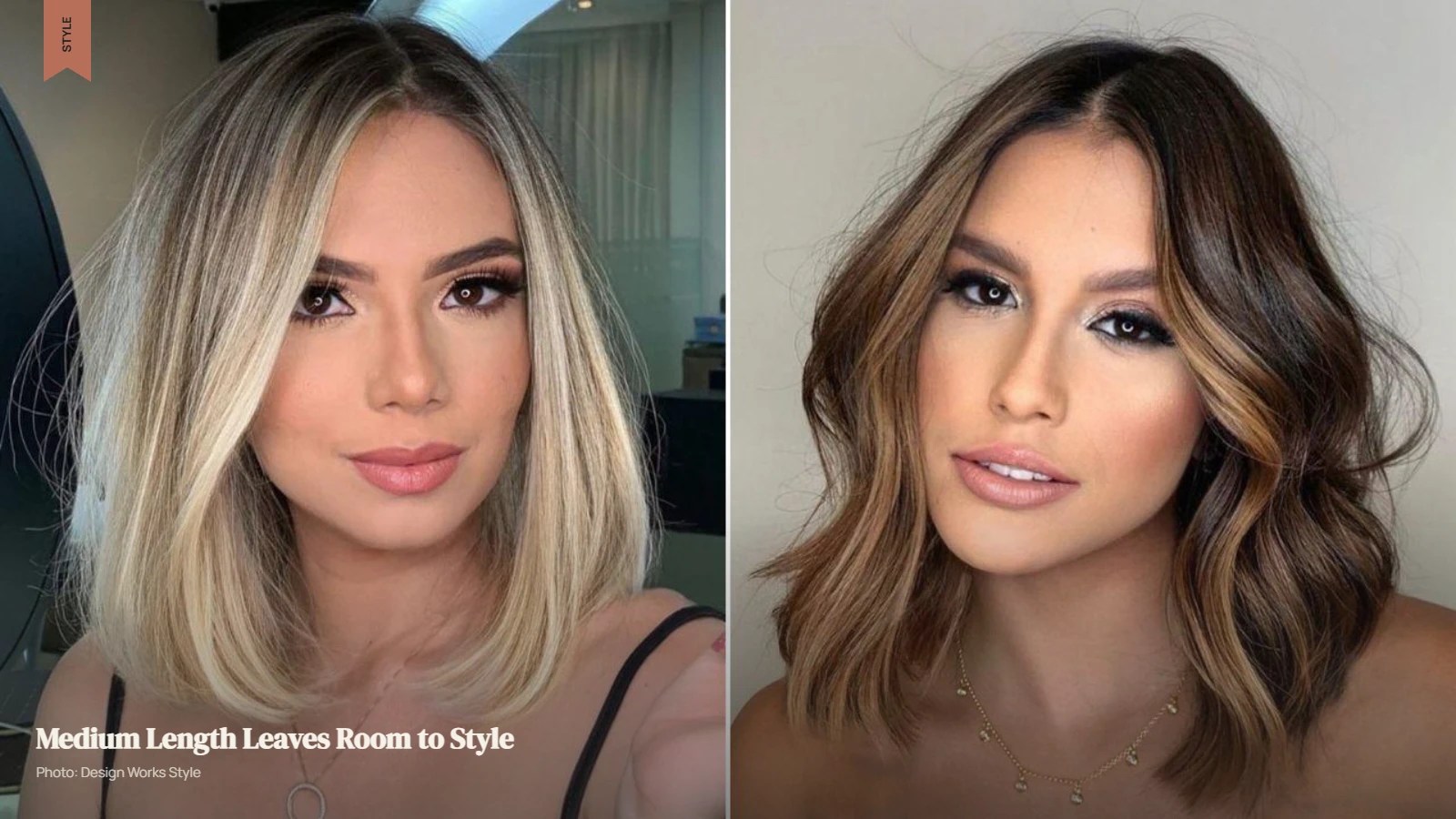 Medium-length layered hair with soft waves falling around the shoulders