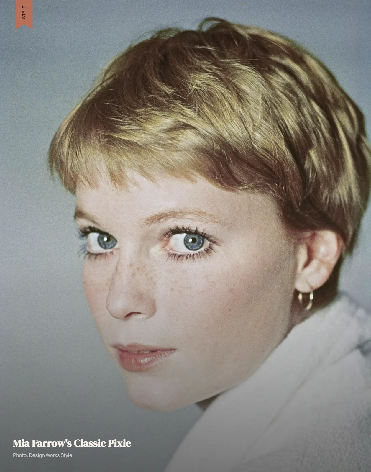 Mia Farrow-inspired classic pixie with short sides, cropped back, and more length on top