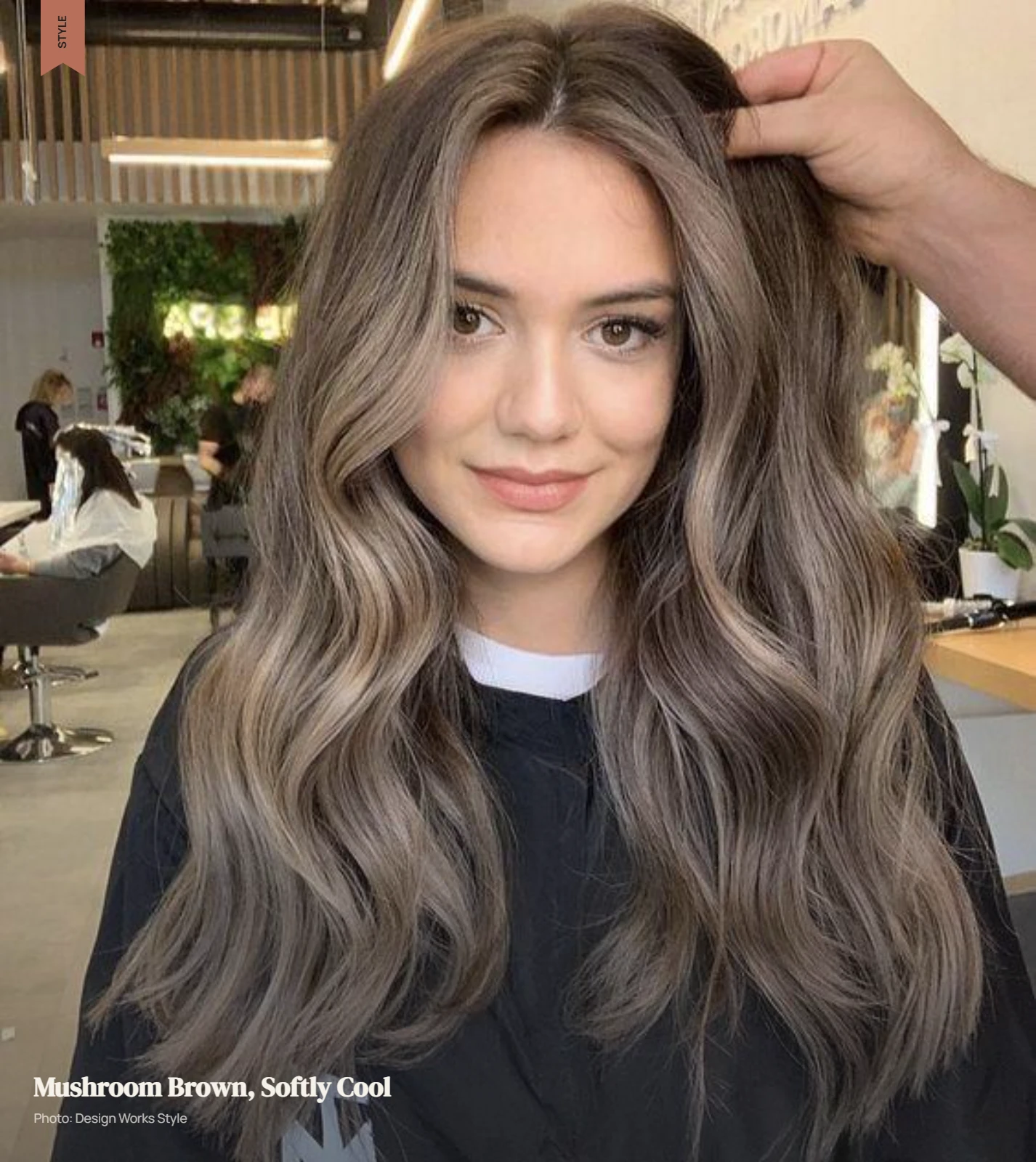 Mushroom brown hair with soft taupe, beige-gray, and muted brunette dimension