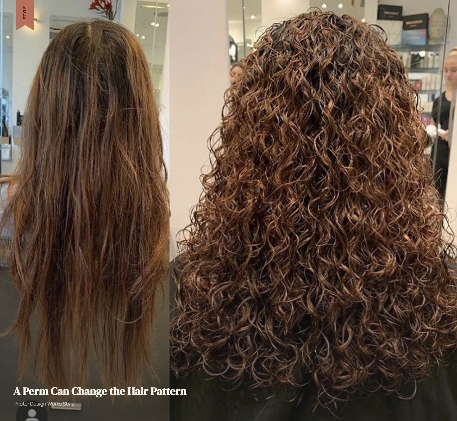 Before and after showing straight hair transformed into defined perm curls