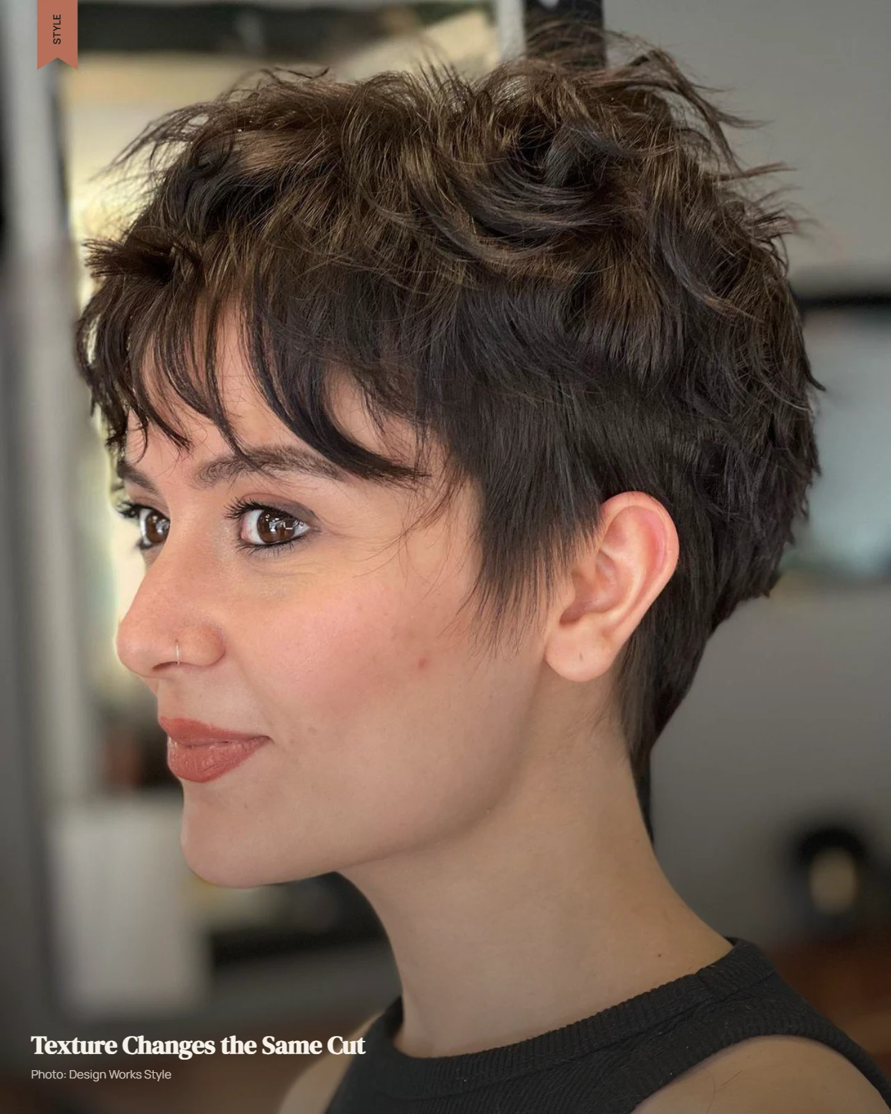 Piece-y short haircut with visible texture through the top and natural movement