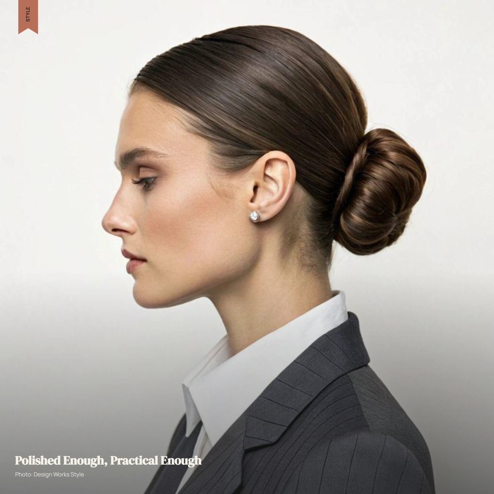 Polished low ponytail with controlled texture for a practical workday hairstyle