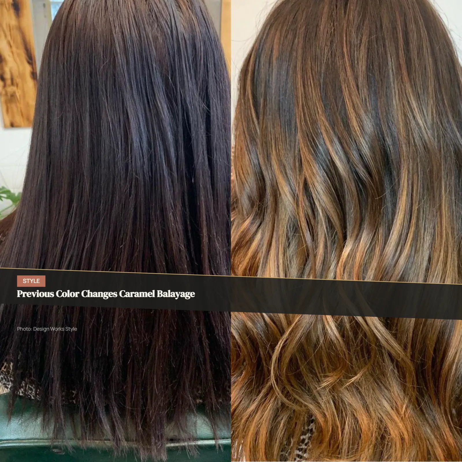 Dark previously colored hair with caramel balayage pieces through the lengths
