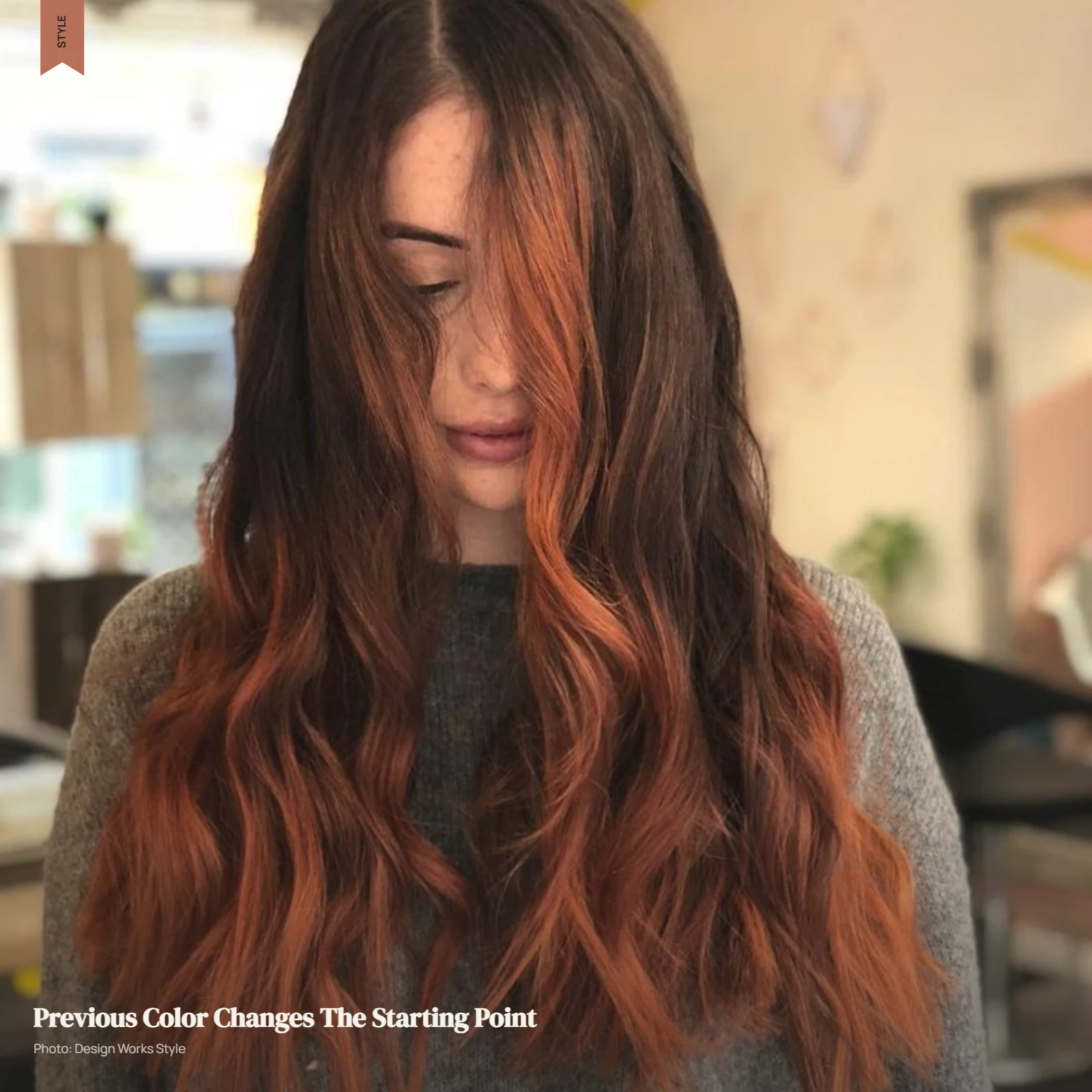 Previously colored brown hair with dimensional copper balayage through the lengths