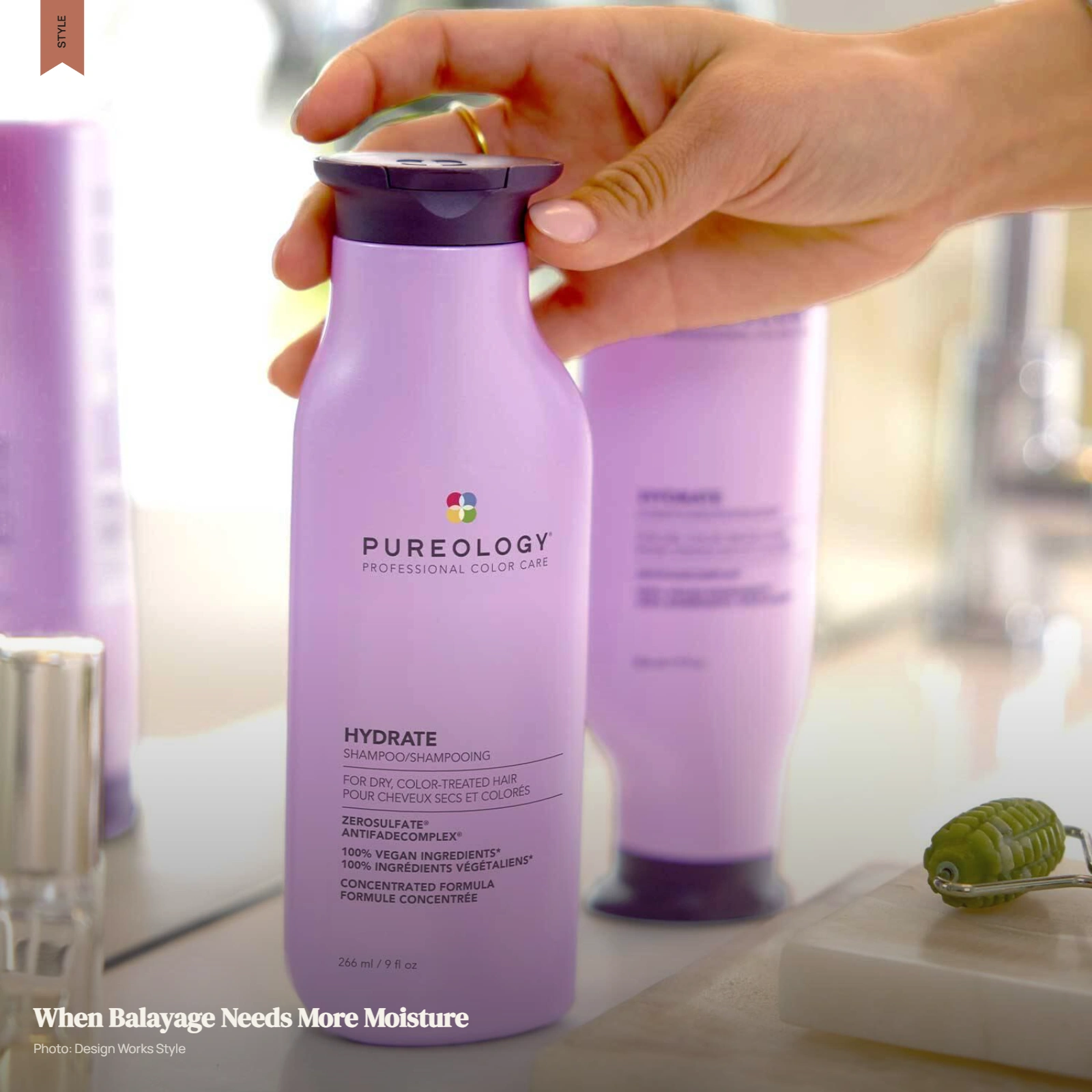 Pureology Hydrate shampoo beside thick balayage hair with dry lighter ends