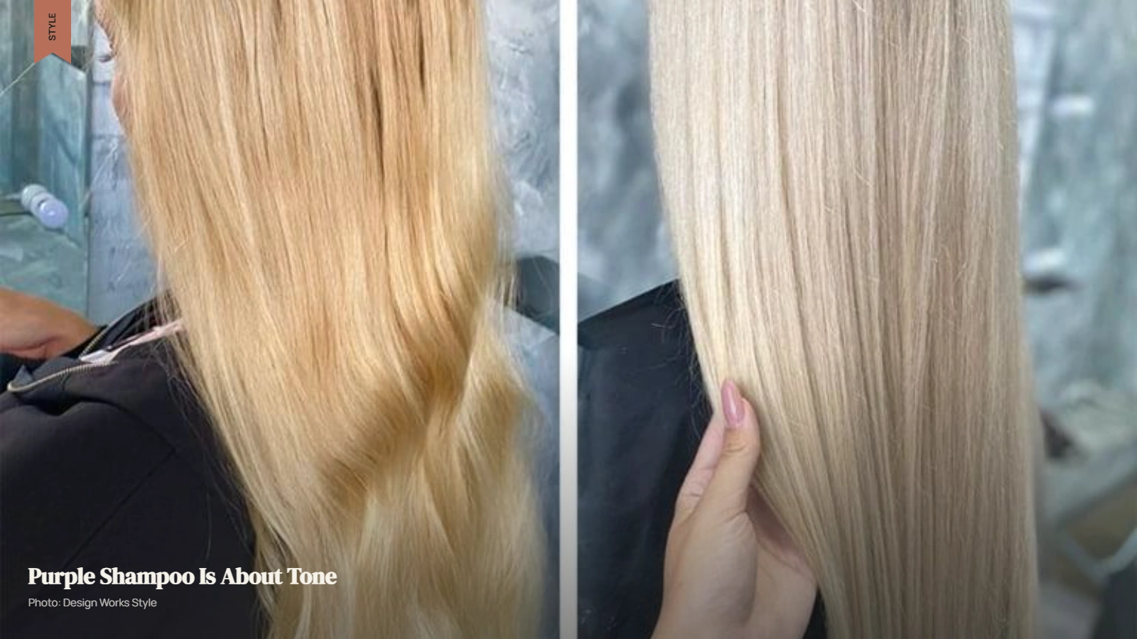Blonde balayage shown with warmer yellow tones before and a cooler tone after purple shampoo