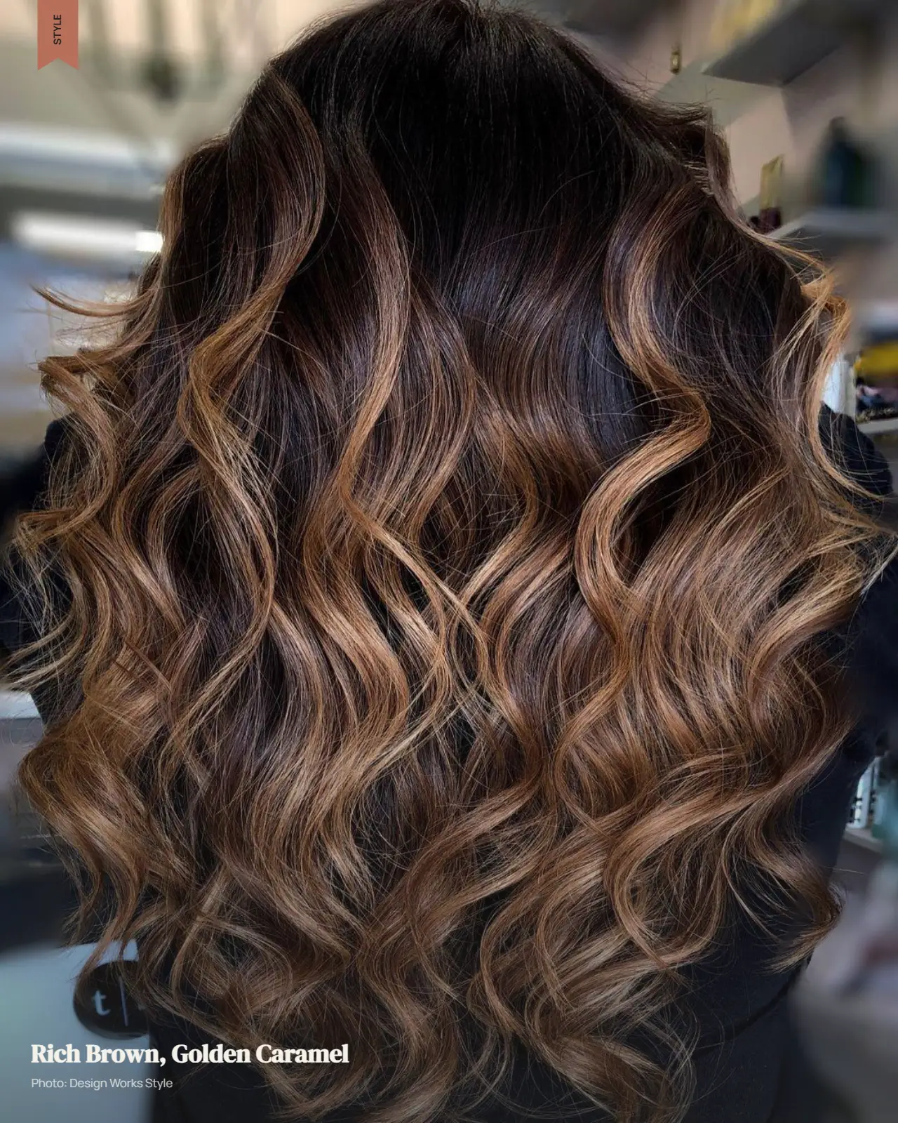 Rich brown hair with warm golden caramel balayage creating tonal variation