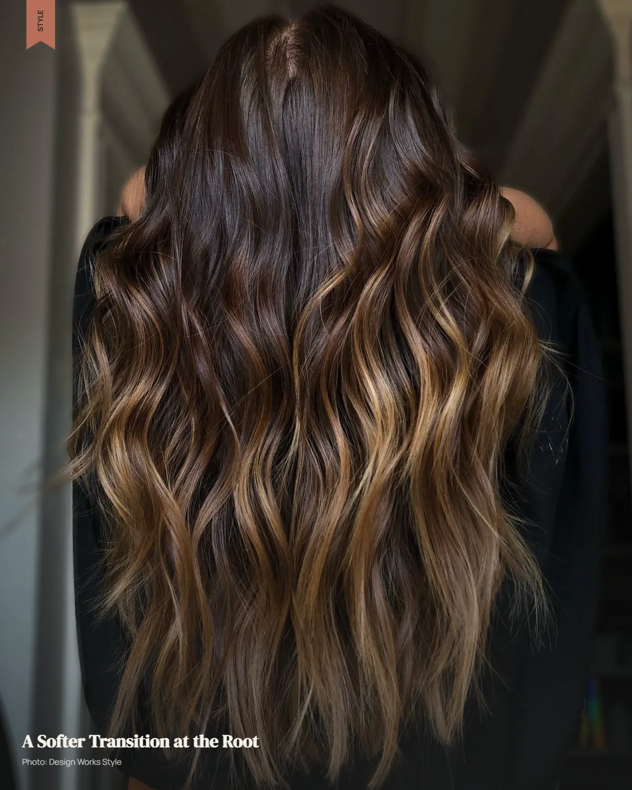 Brown roots blending softly into caramel balayage through the lengths