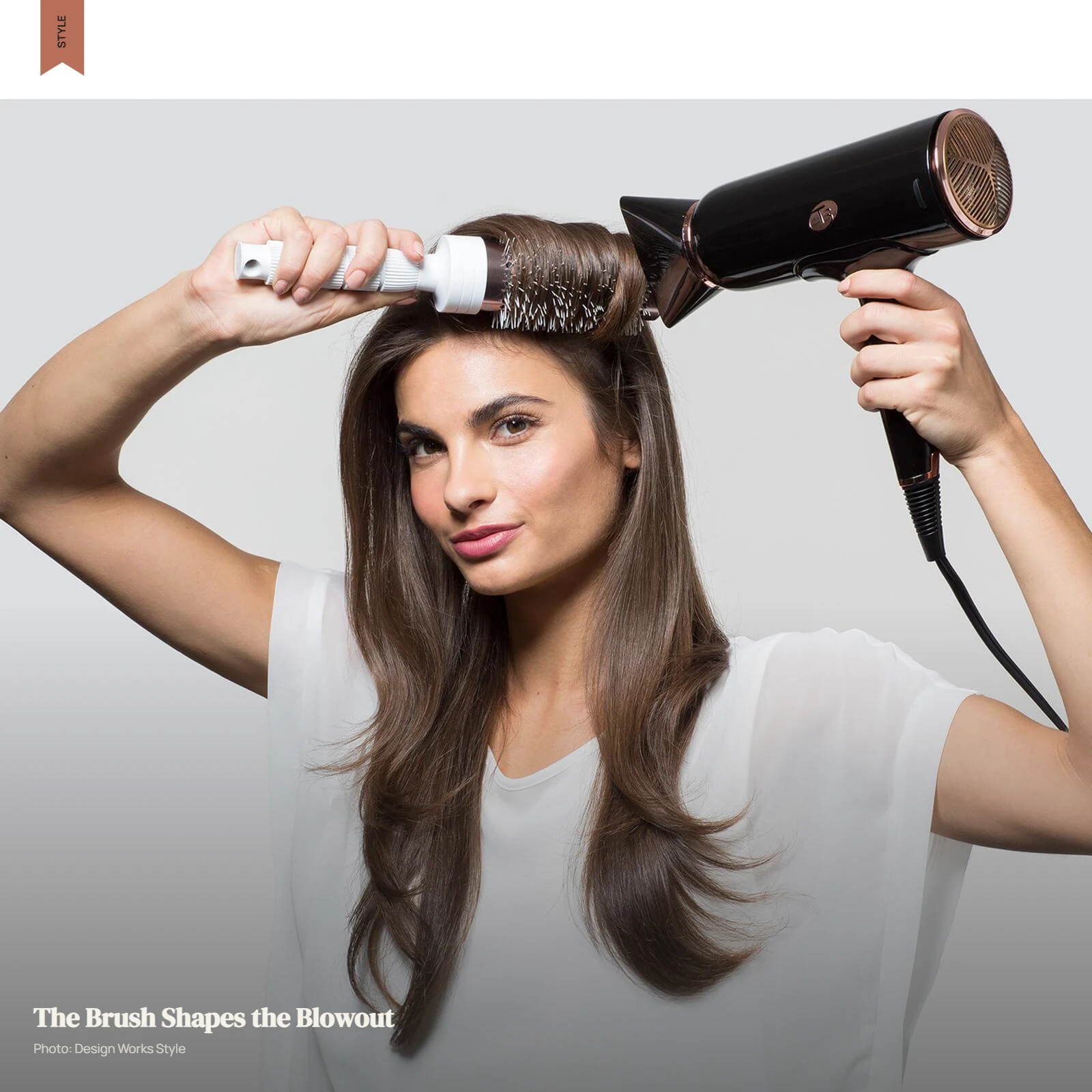 Round brush and hair dryer styling a controlled section for volume and shape