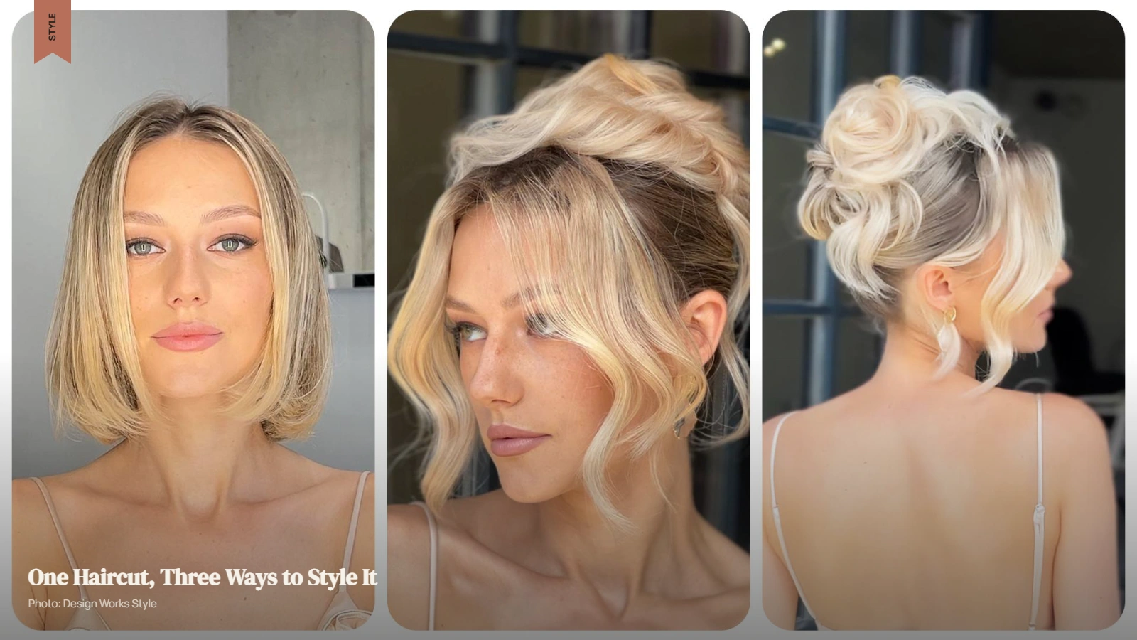 Same haircut shown straight, wavy, and pulled back into different hairstyles