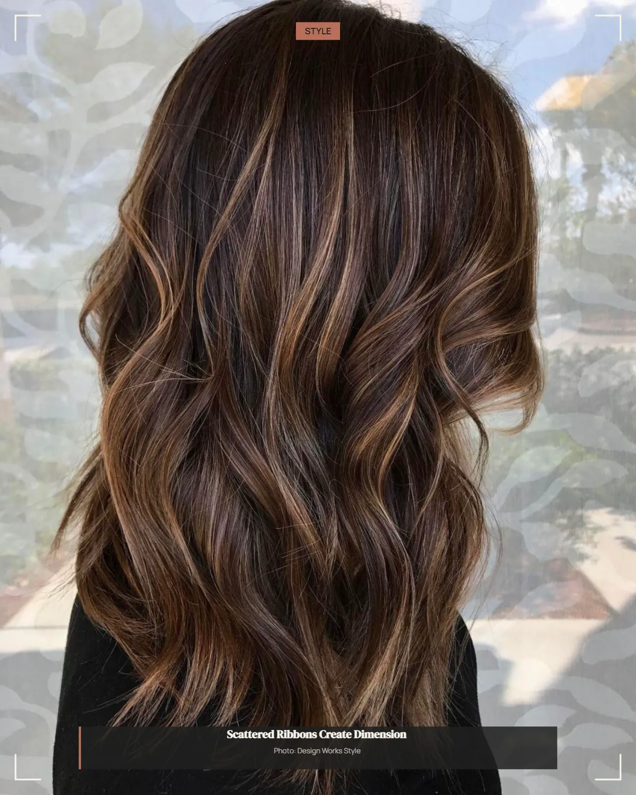 Brown hair with small scattered caramel ribbons creating visible tonal variation