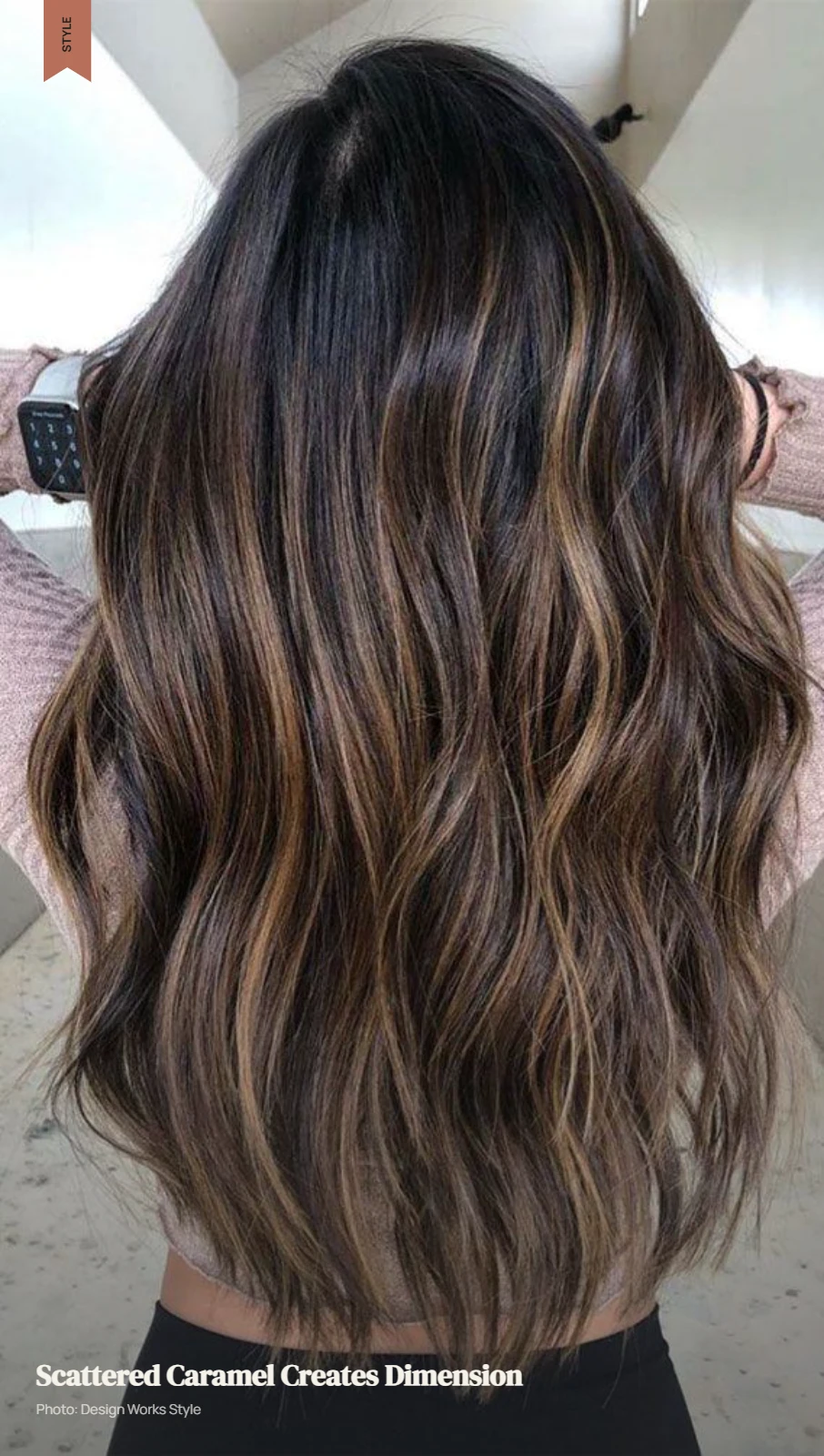 Dark brown hair with scattered caramel balayage pieces creating dimensional color
