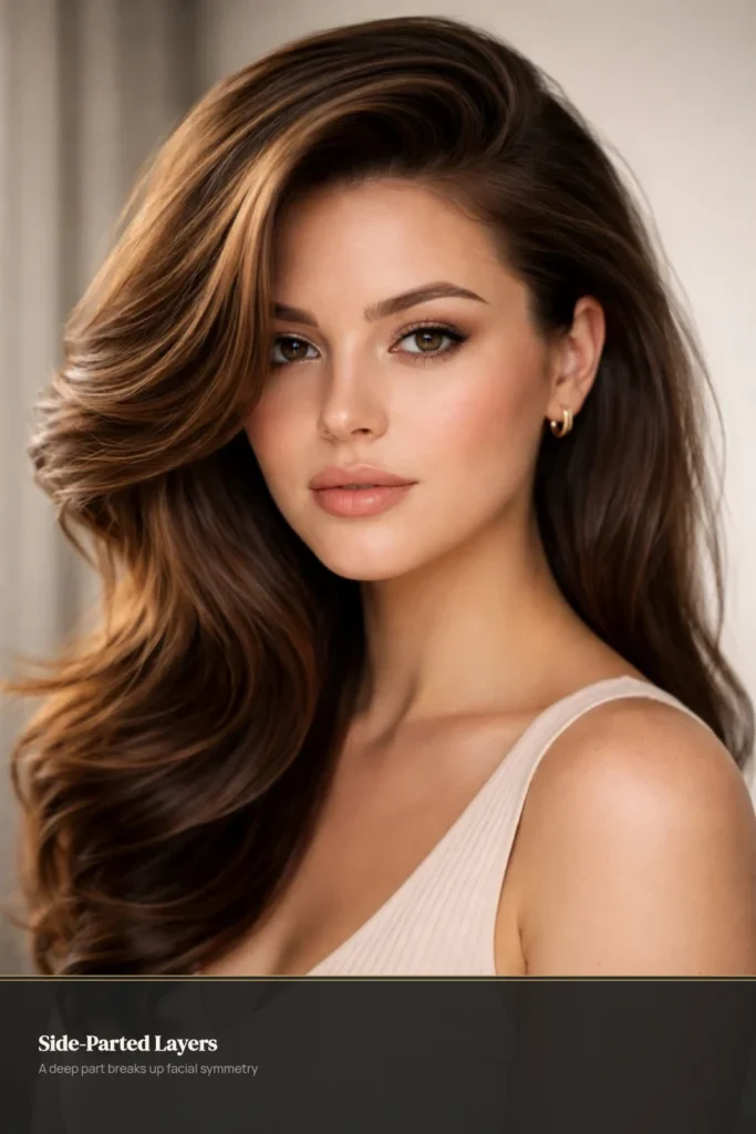 Deep side-parted layered haircut with voluminous blowout waves on a fuller face