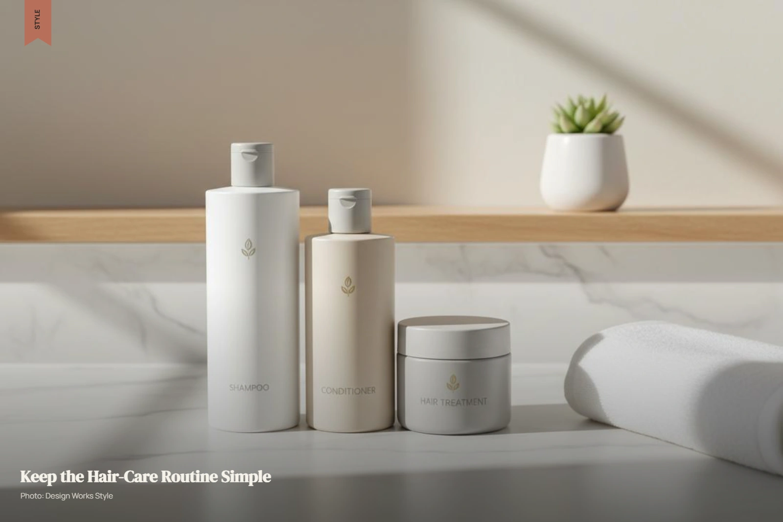 Shampoo, conditioner, heat protectant and targeted treatment arranged for a simple hair-care routine
