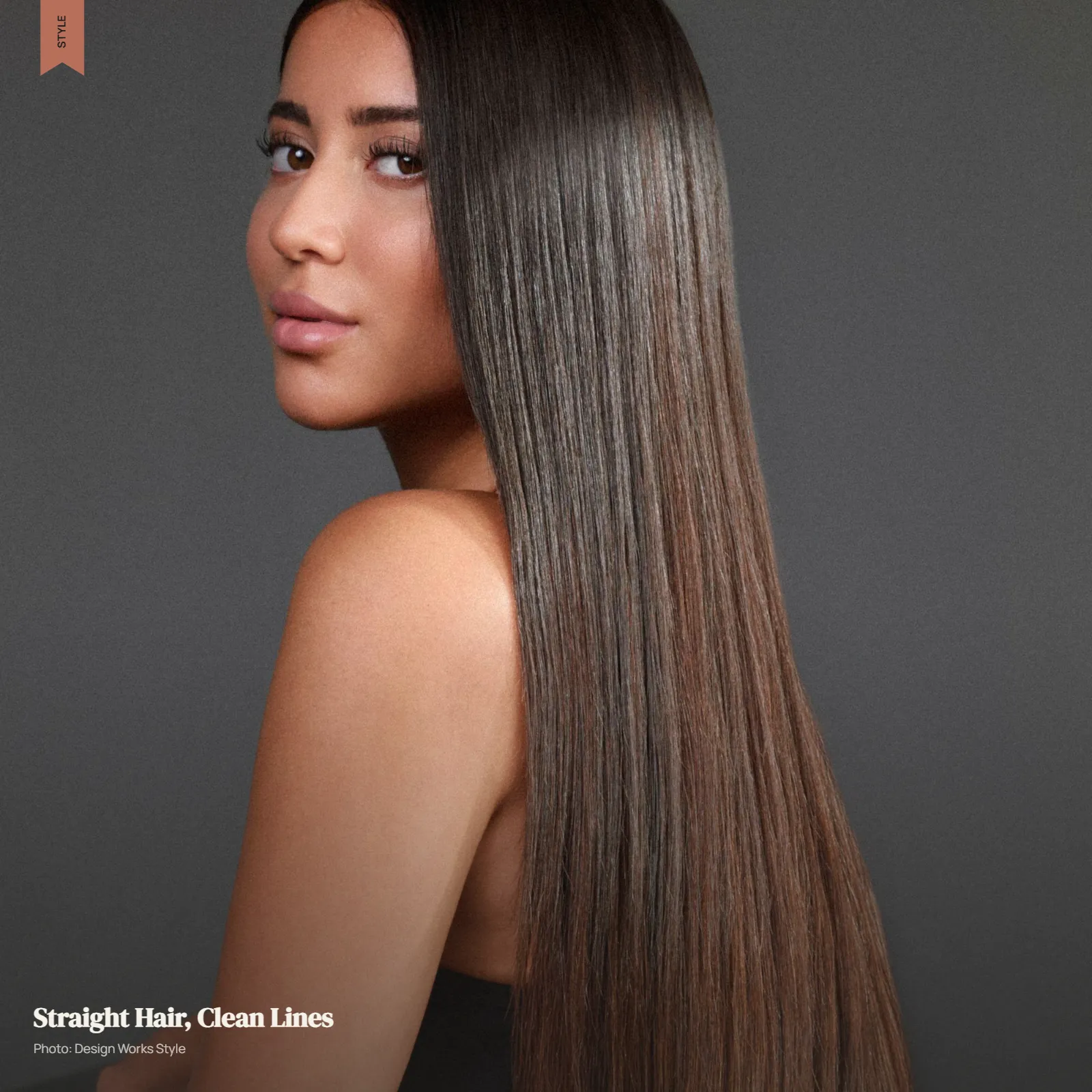 Sleek straight hair worn loose with a clean part and smooth polished finish