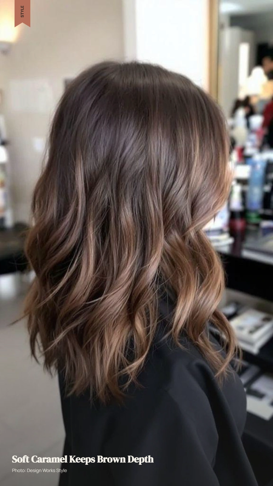 Medium brown hair with softly blended caramel pieces and low-to-moderate contrast